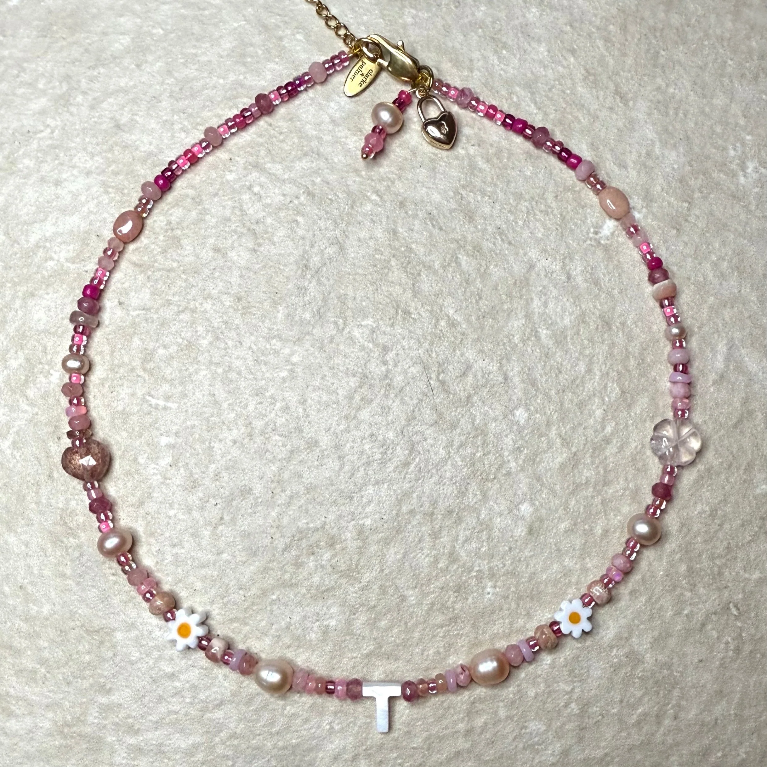 Luxury Dolly Mixture Gemstone Necklace with Mother of Pearl Initial | CLARKE PALMER
