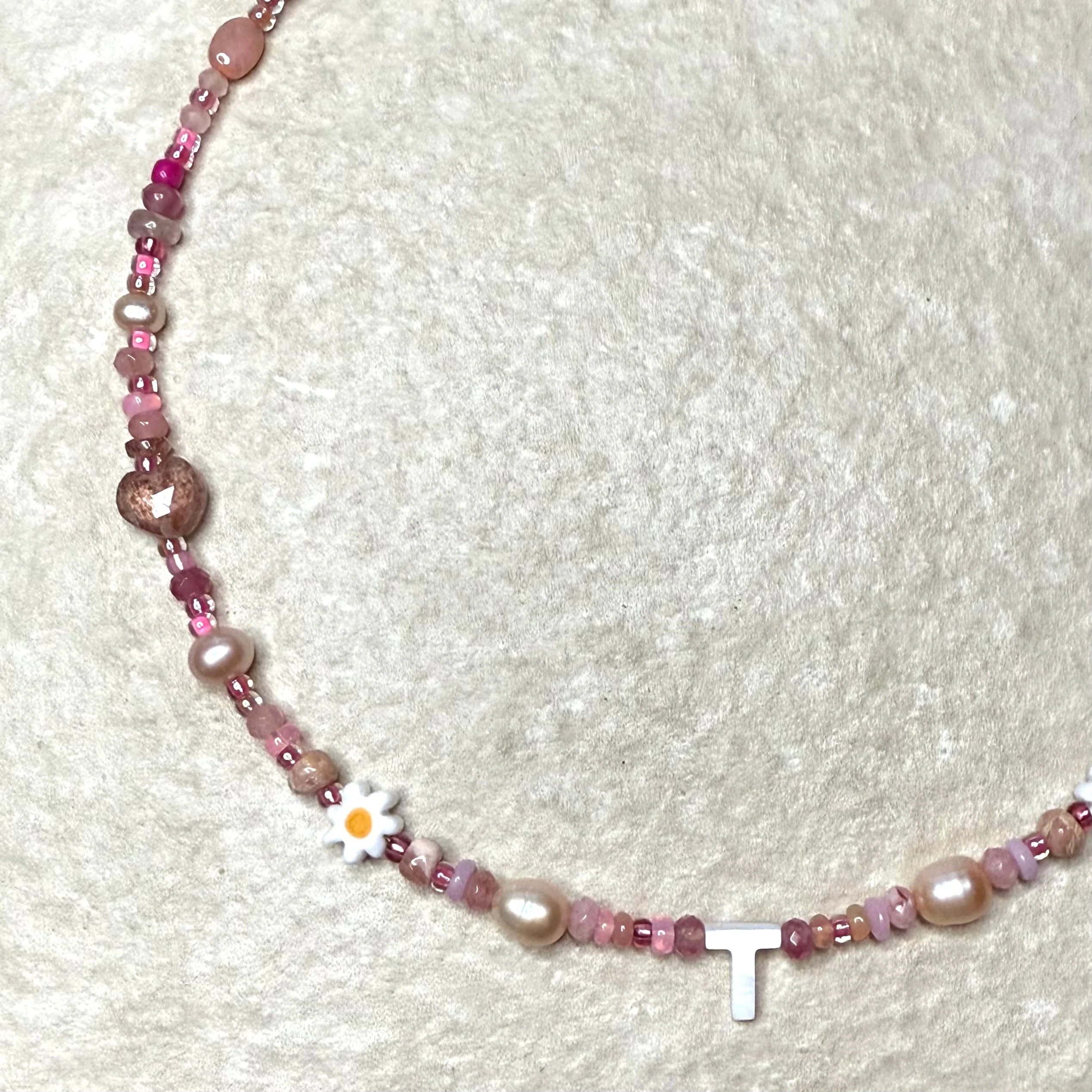 Luxury Dolly Mixture Gemstone Necklace with Mother of Pearl Initial | CLARKE PALMER - Image 3