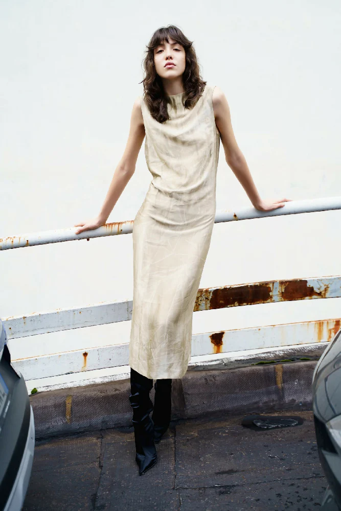 Maison Martin Margiela fall/winter 2001 champagne colored washed effect sleeveless midi dress with frontal zipper opening (S/M)