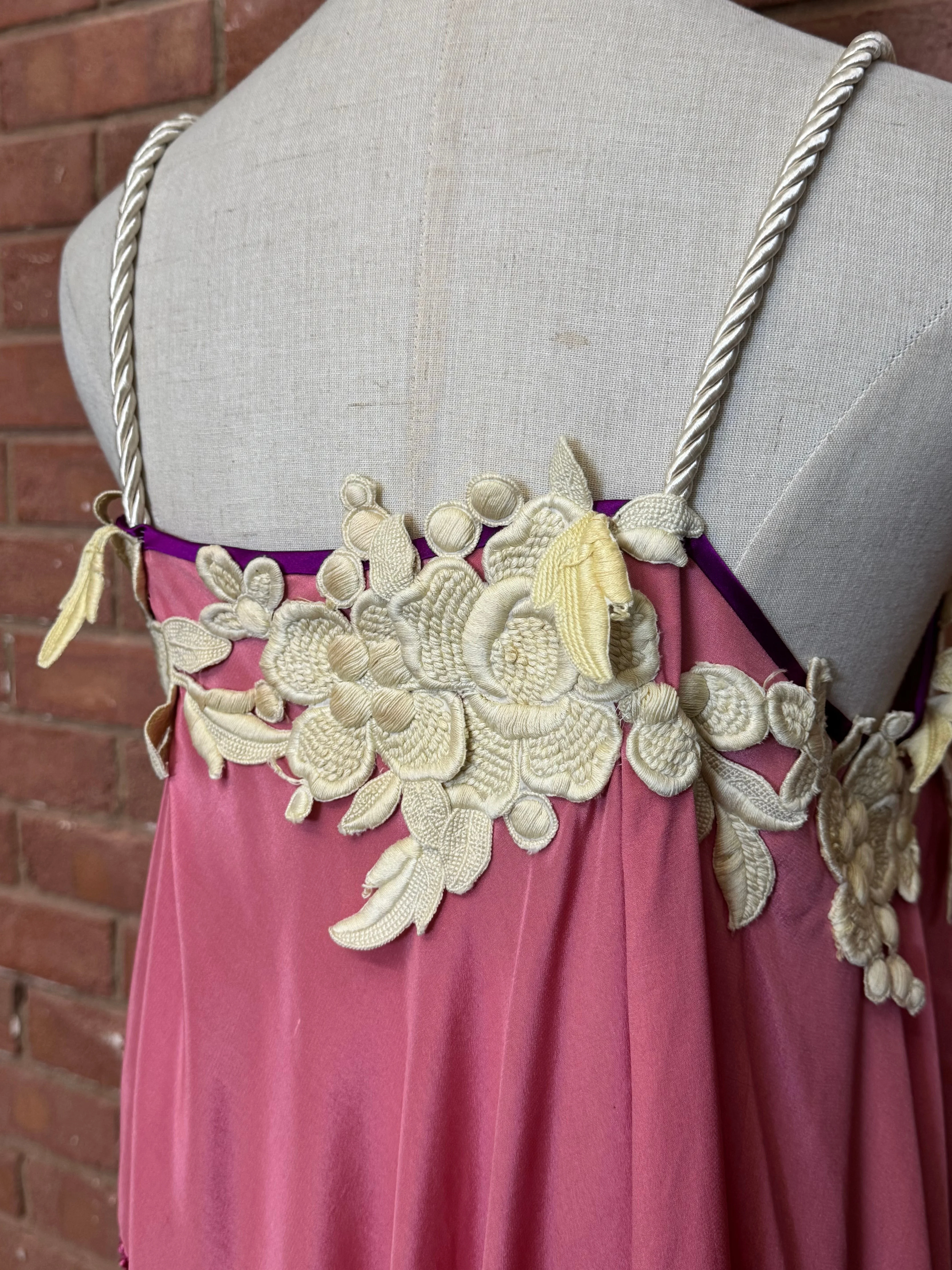 Odette, reworked 1930s pink embroidered floral scarf tunic - Image 2
