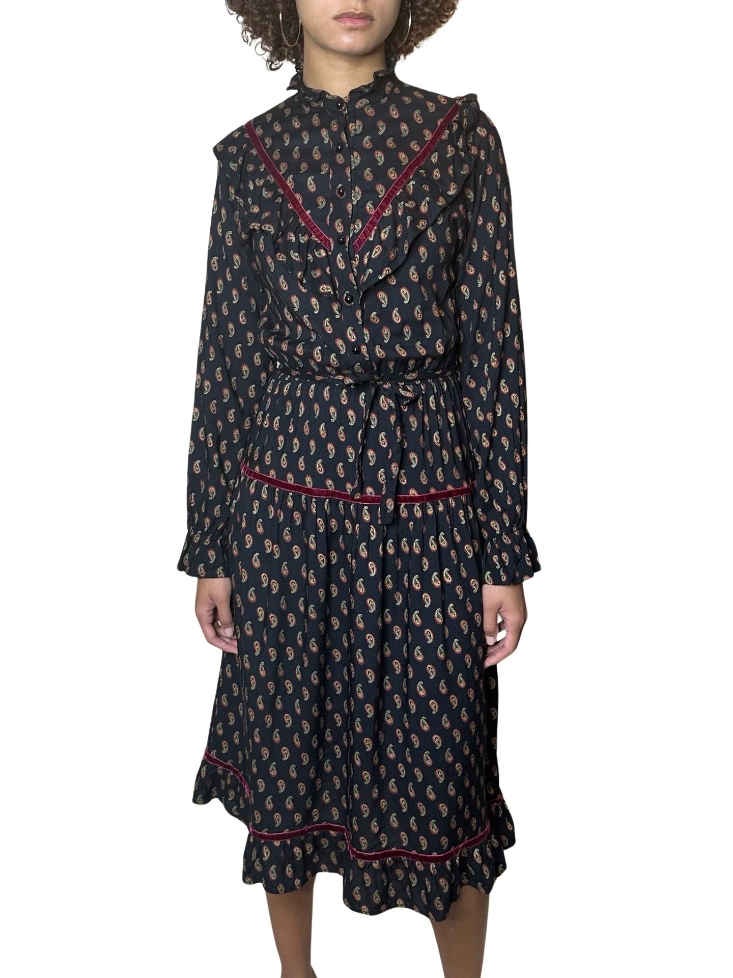 Original 1980's Vintage Paisley Print & Velvet Trim Black Dress UK 8 - 10 - Image 6