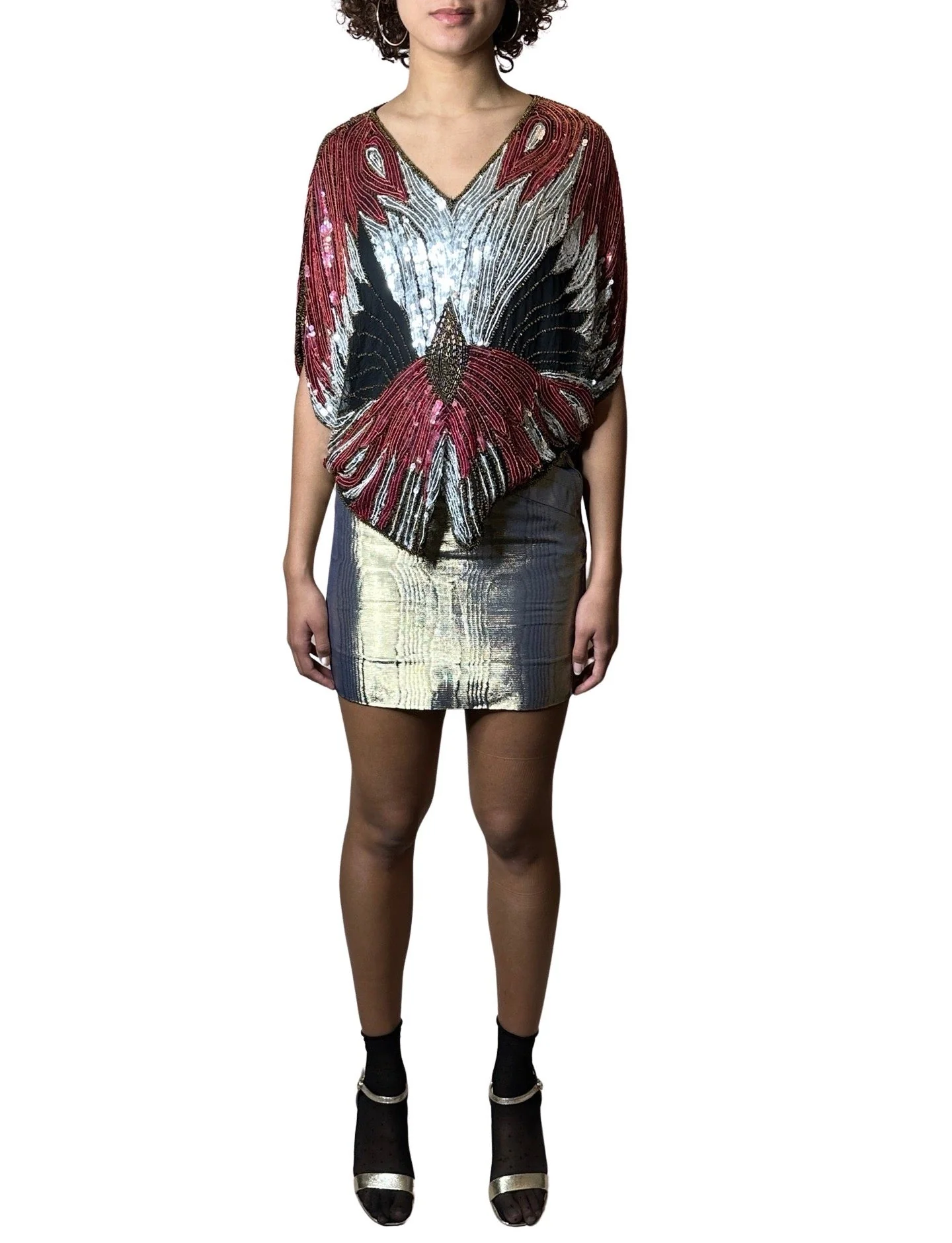 Original Vintage Late 1970's Red / Silver / Black Sequinned Butterfly Top UK 8 - 14 - Image 8