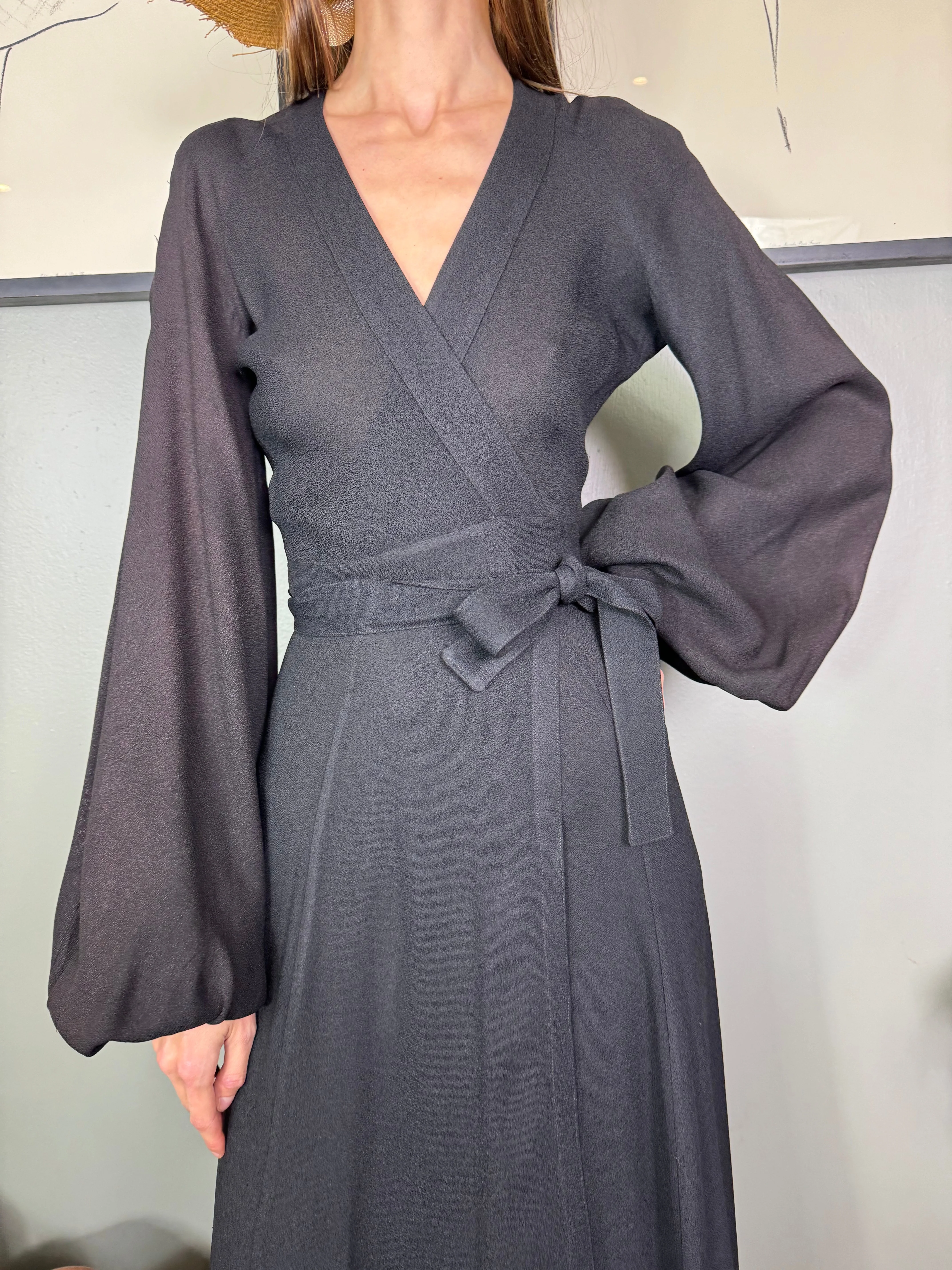 Ossie Clark, 70s black crepe wrap over dress - Image 6