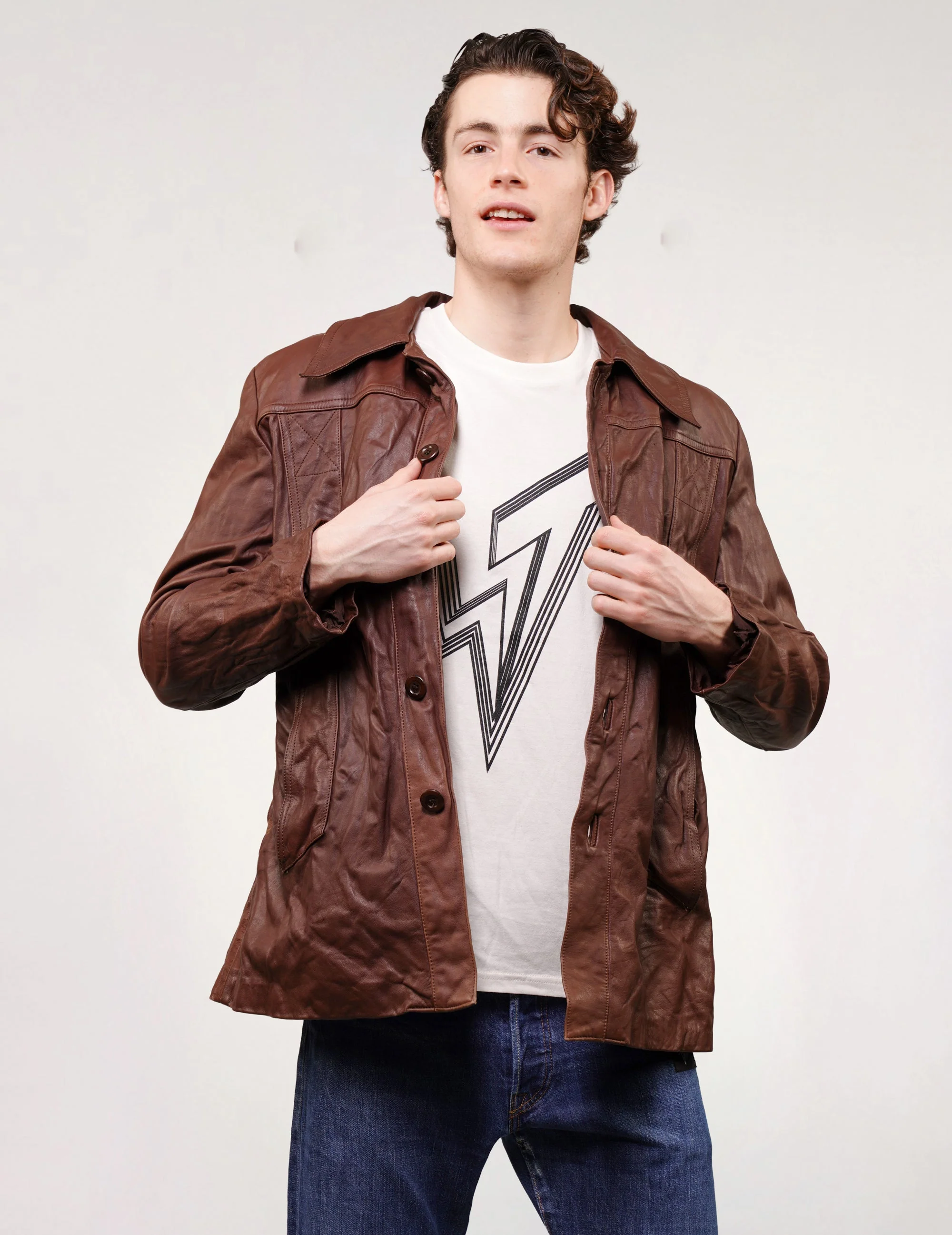 'Peace' Laser Printed Brown Leather Jacket - Image 3