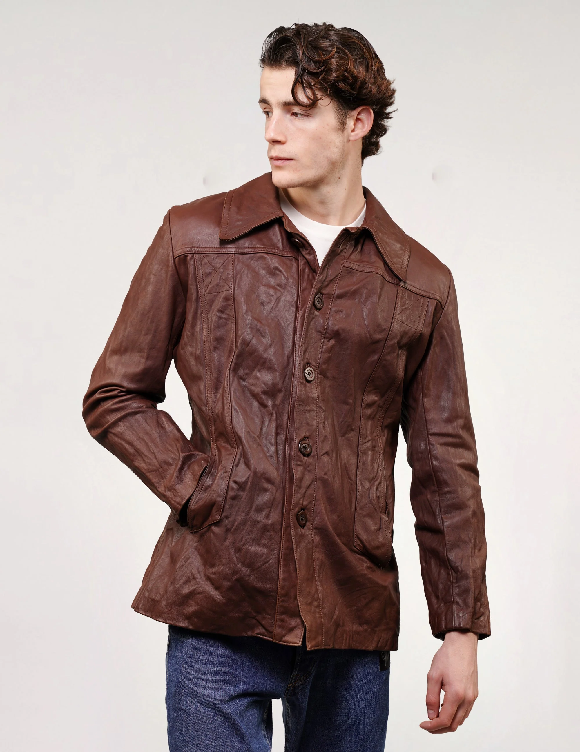 'Peace' Laser Printed Brown Leather Jacket - Image 4