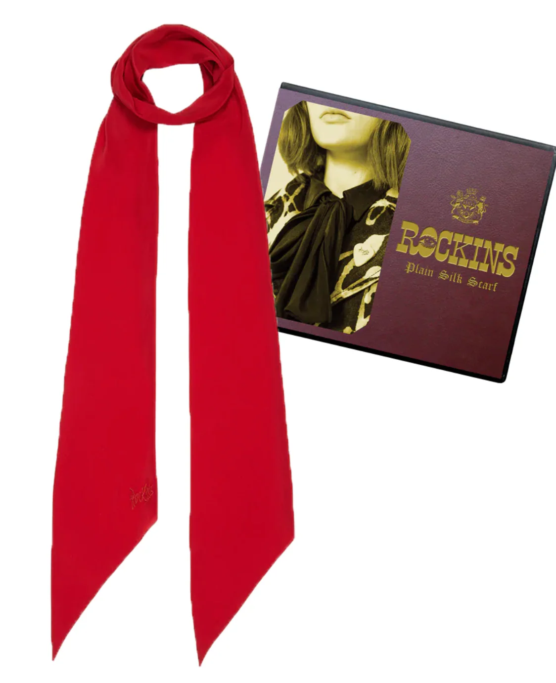 Plain Red Classic Skinny Embroidered Scarf