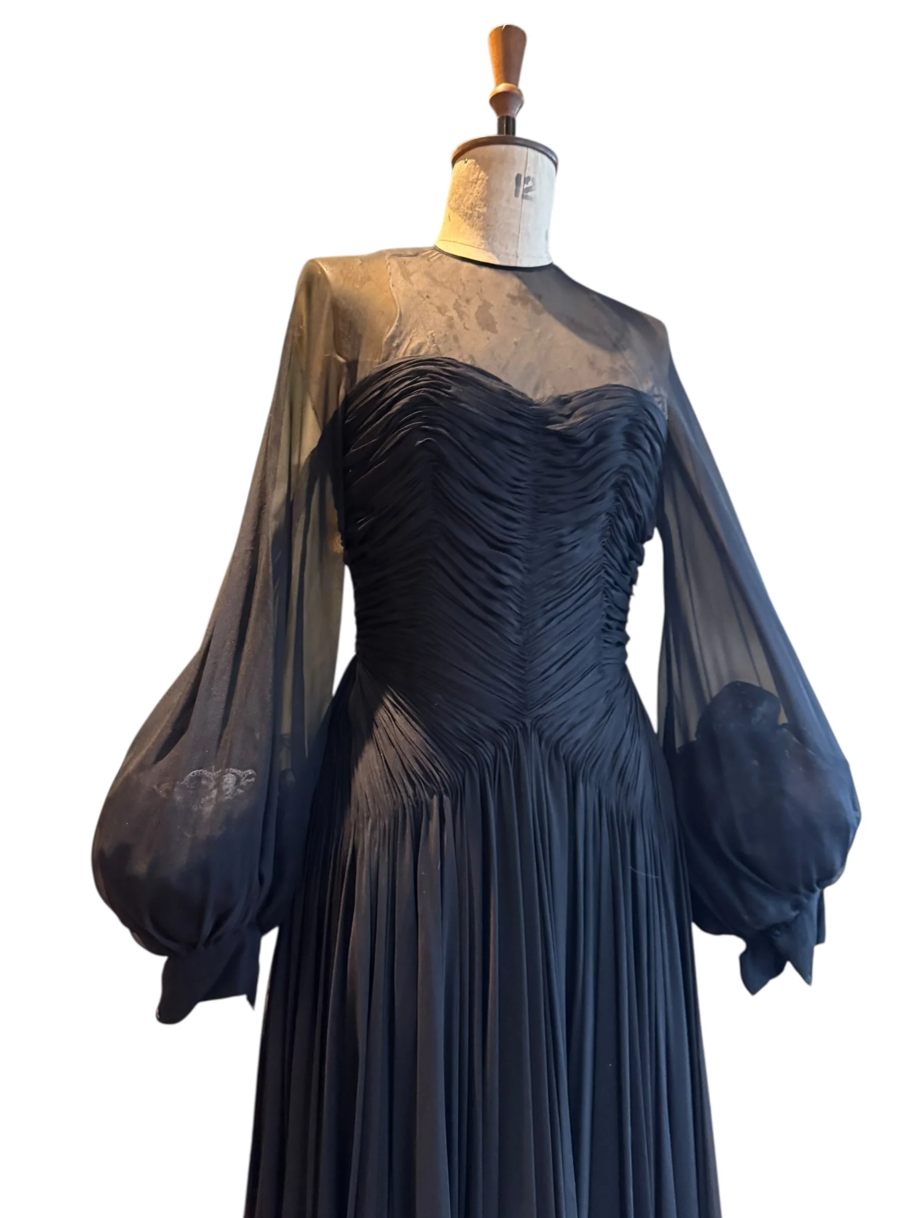 Richilene, couture 70s black pleated chiffon dress - Image 11