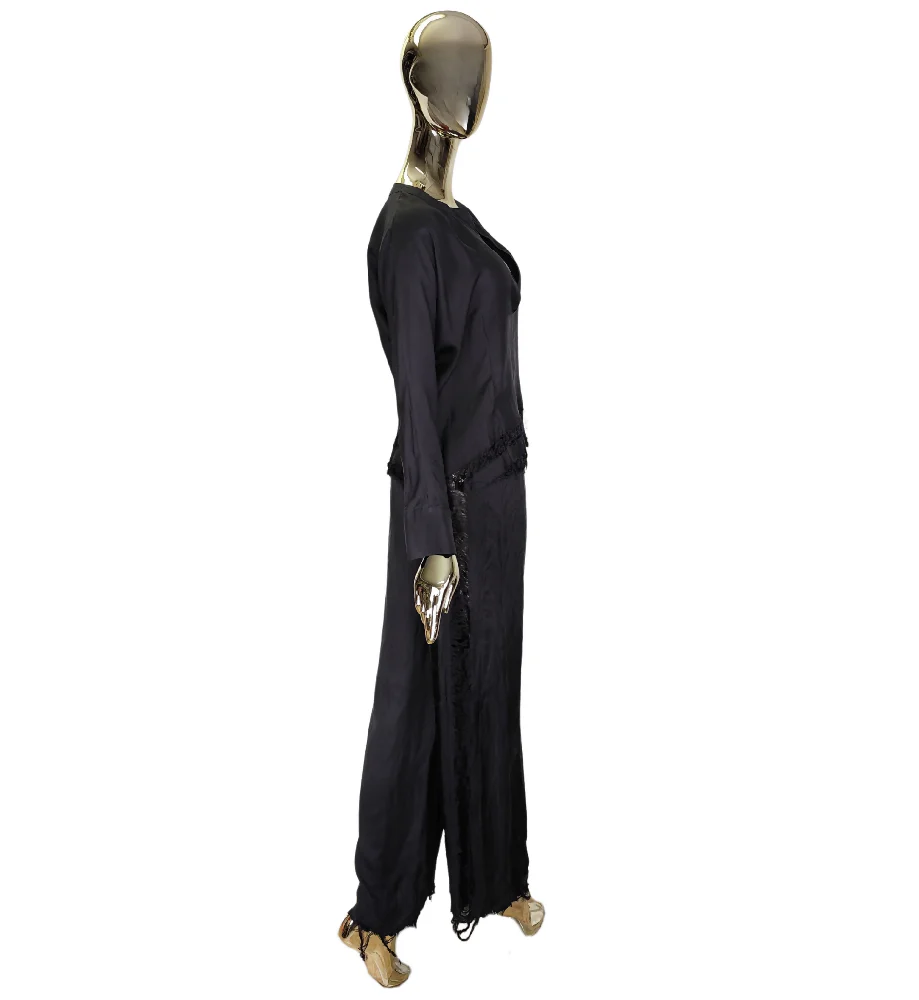 ROBERTO CAVALLI 2000s BLACK DISTRESSED SILK BLOUSE AND PANTS SET - Image 3