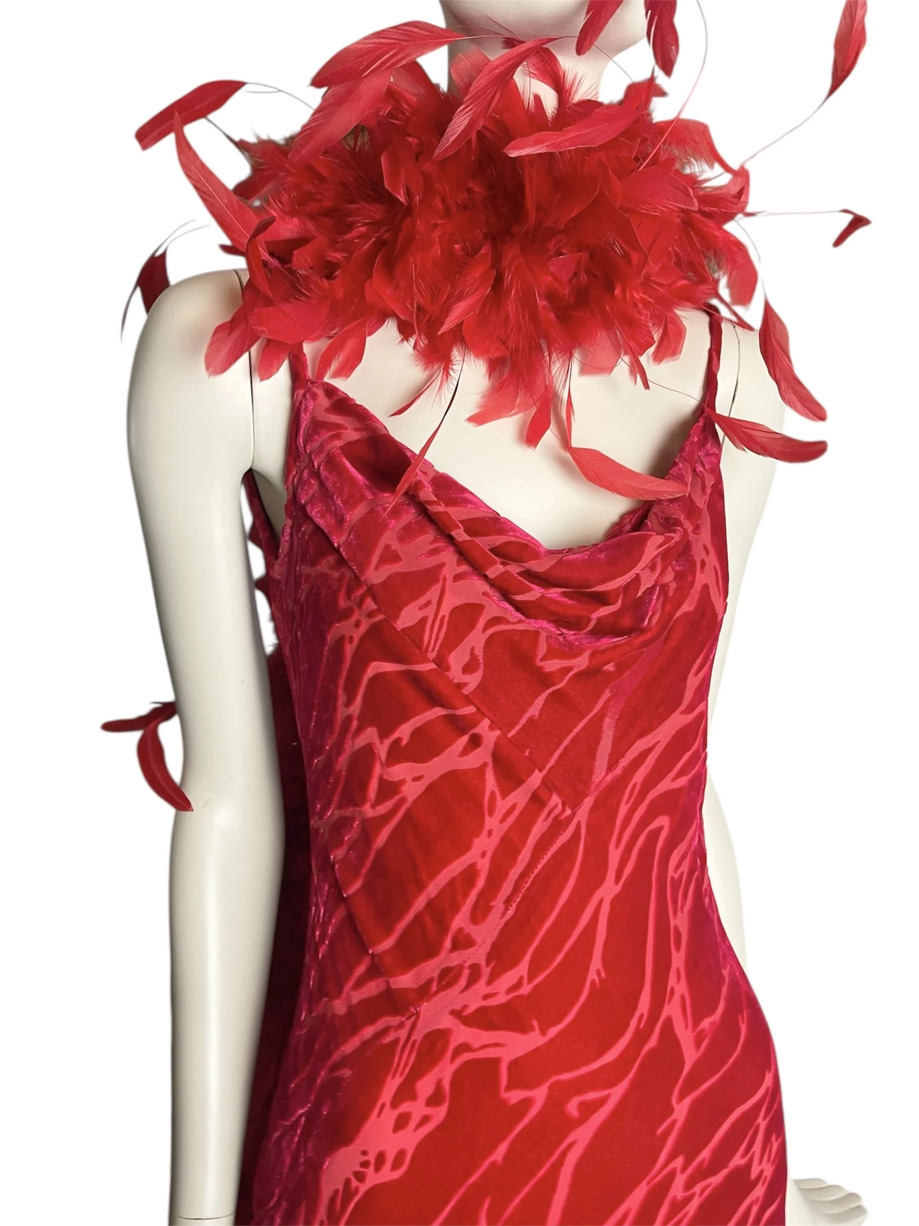 Scarlet Devoré Velvet Gown with Feather Boa - Image 5