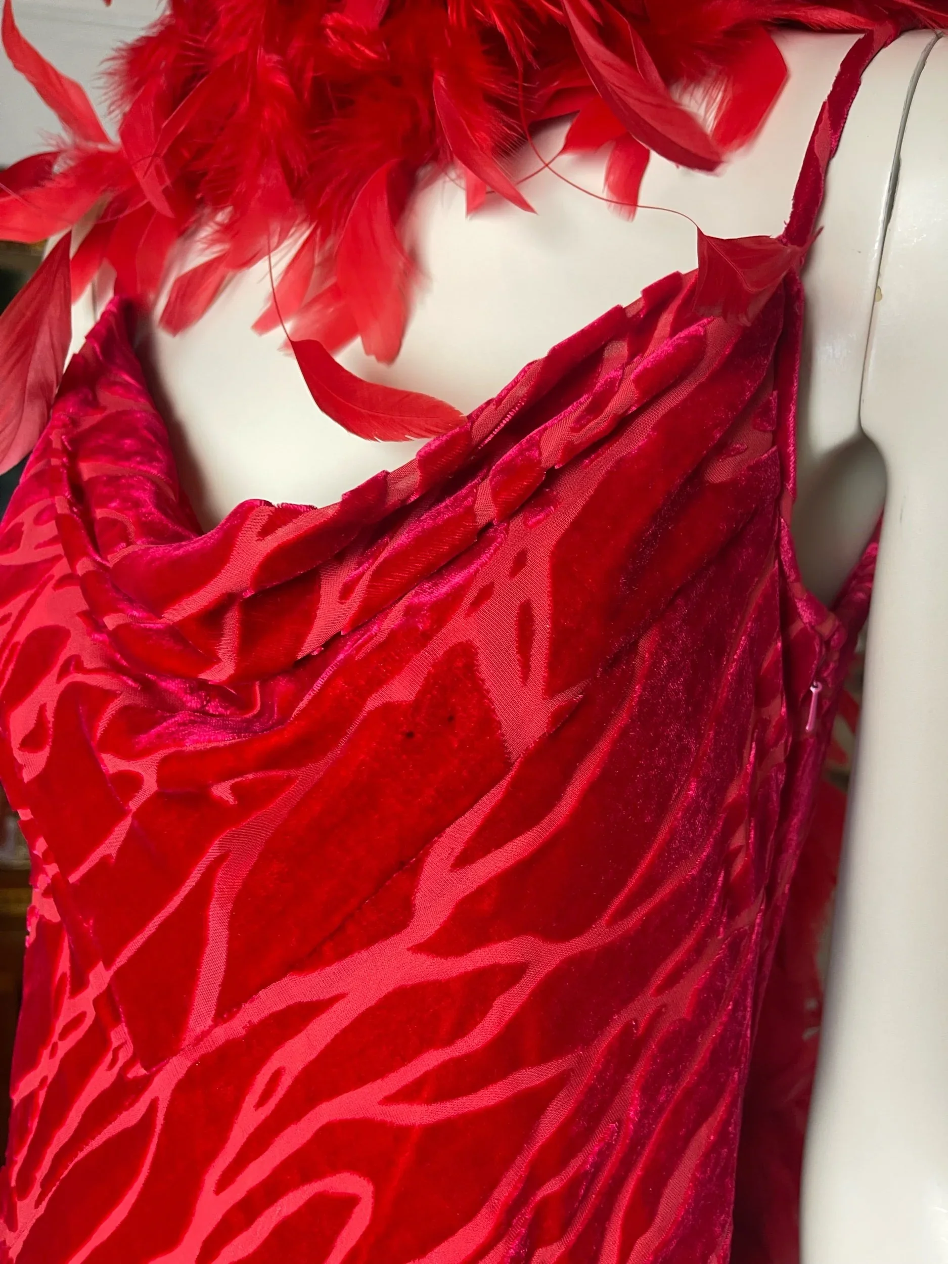 Scarlet Devoré Velvet Gown with Feather Boa - Image 6