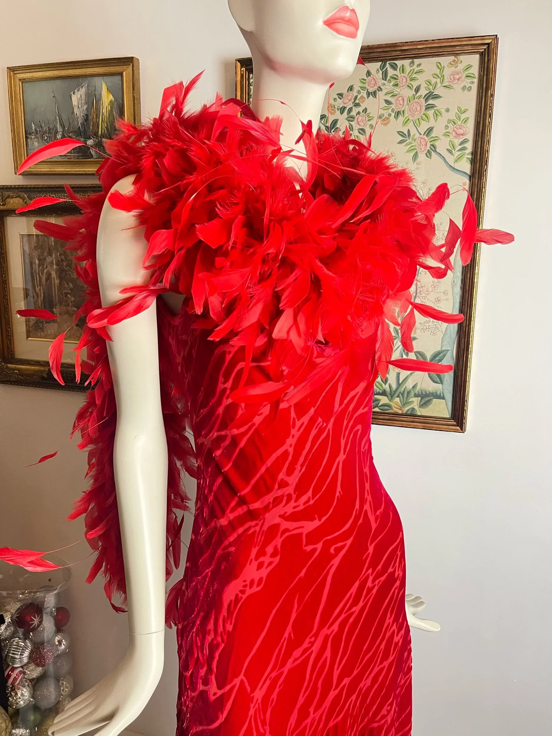 Scarlet Devoré Velvet Gown with Feather Boa - Image 8