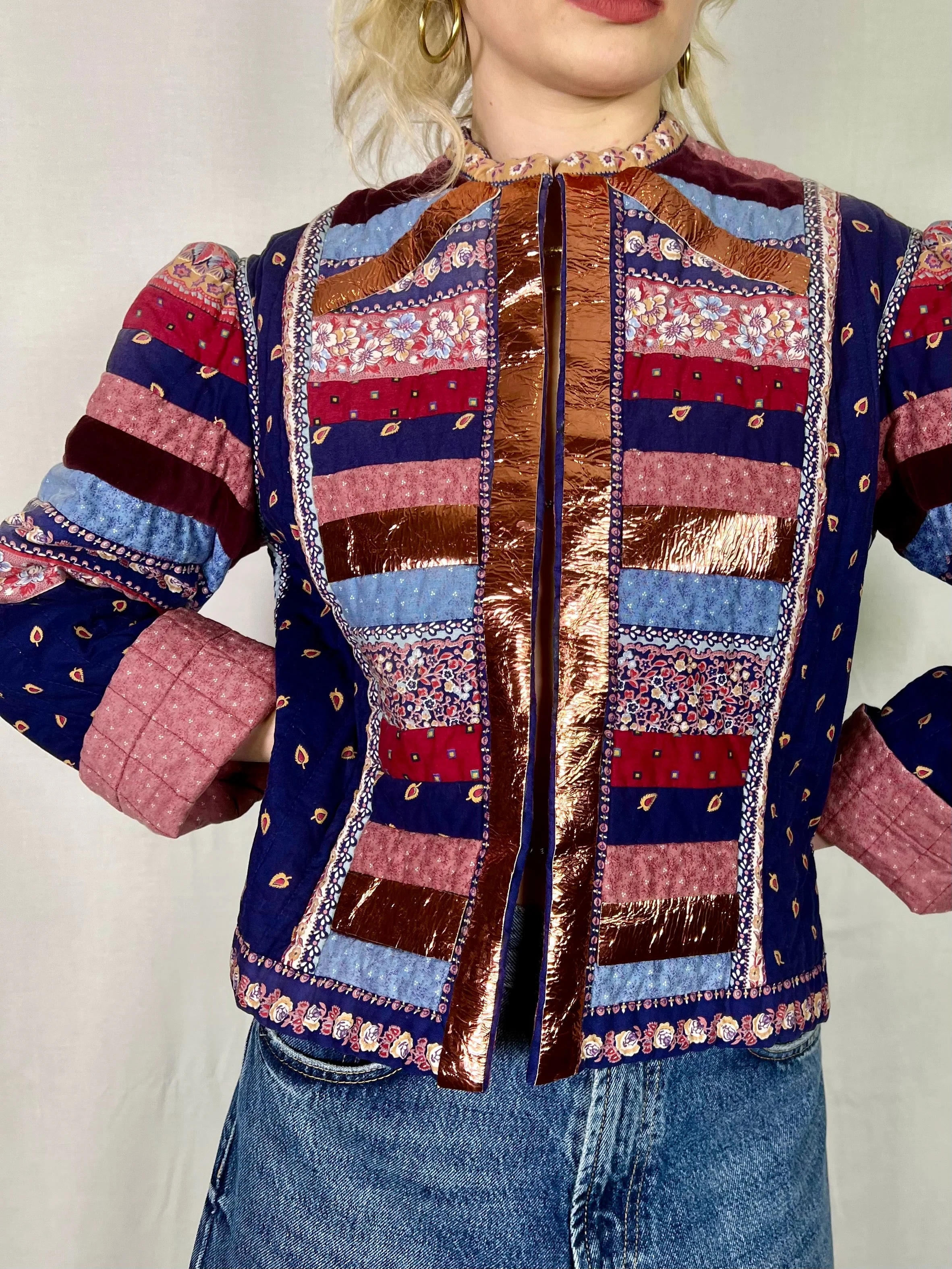 Sienna, patchwork 70s jacket with leather metallic butterfly - Image 15