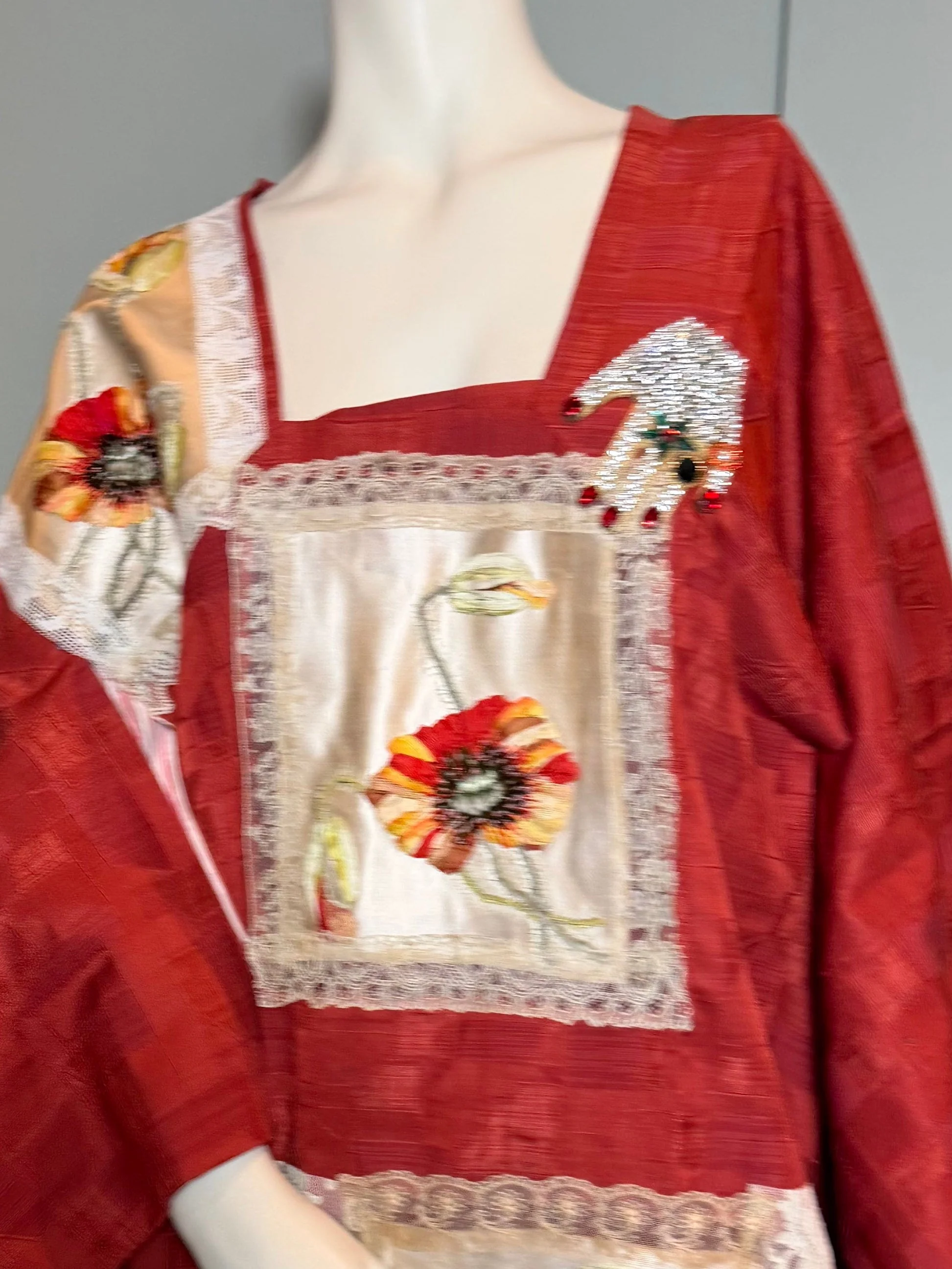 Tales, 40s a Japanese silk damask burnt orange kimono jacket with Victorian floral and lace motifs - Image 13