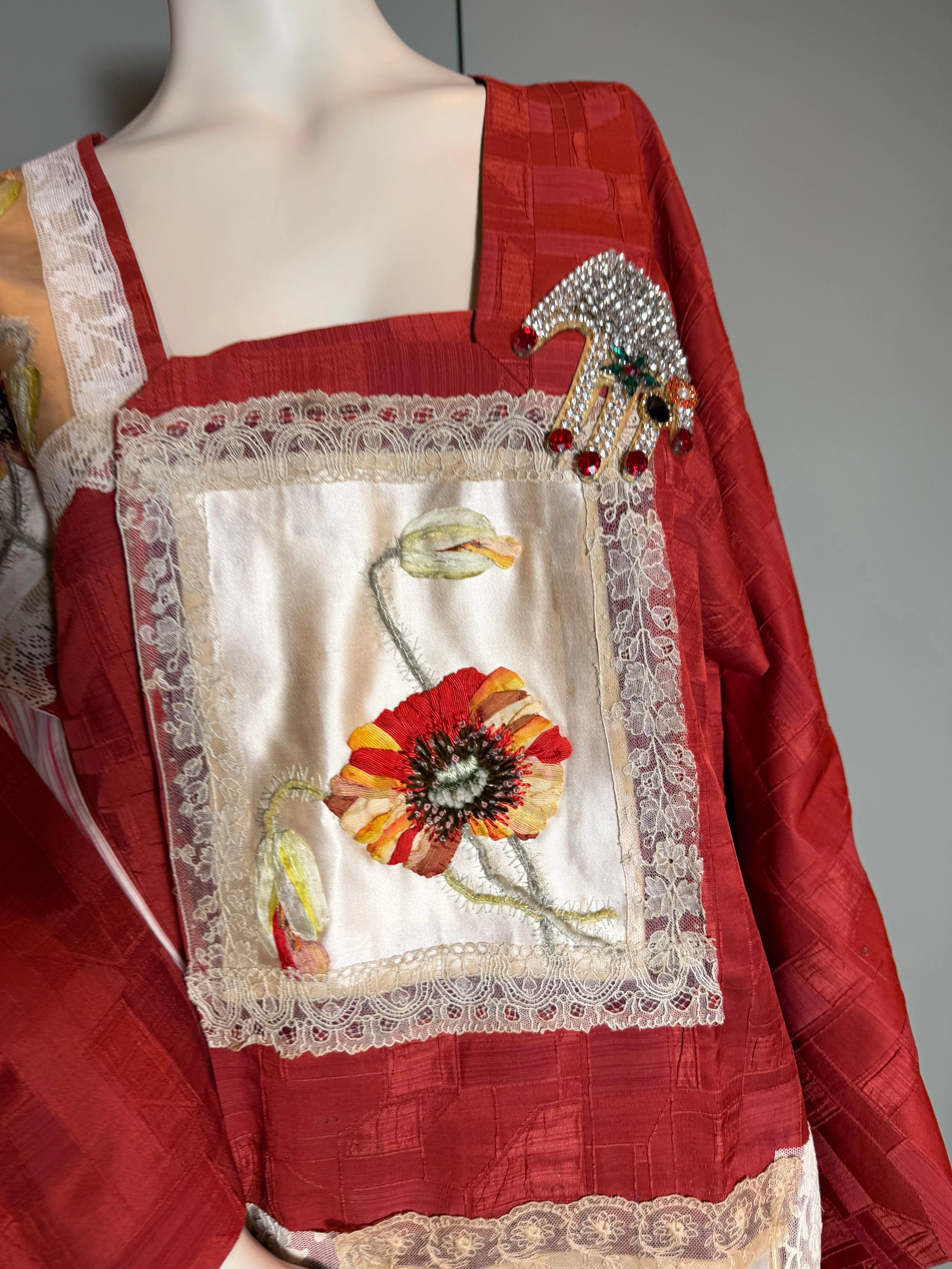 Tales, 40s a Japanese silk damask burnt orange kimono jacket with Victorian floral and lace motifs - Image 29