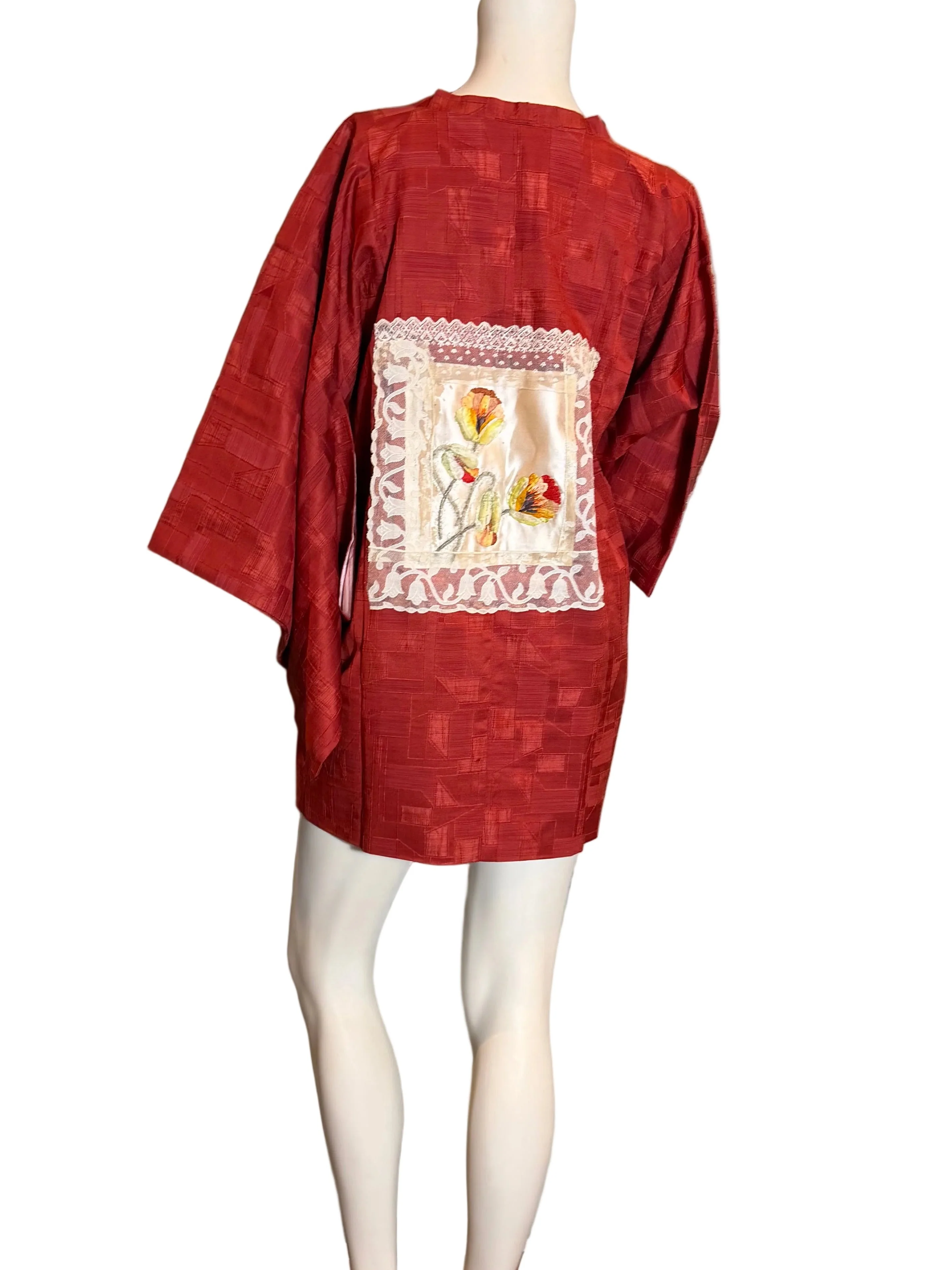 Tales, 40s a Japanese silk damask burnt orange kimono jacket with Victorian floral and lace motifs - Image 3