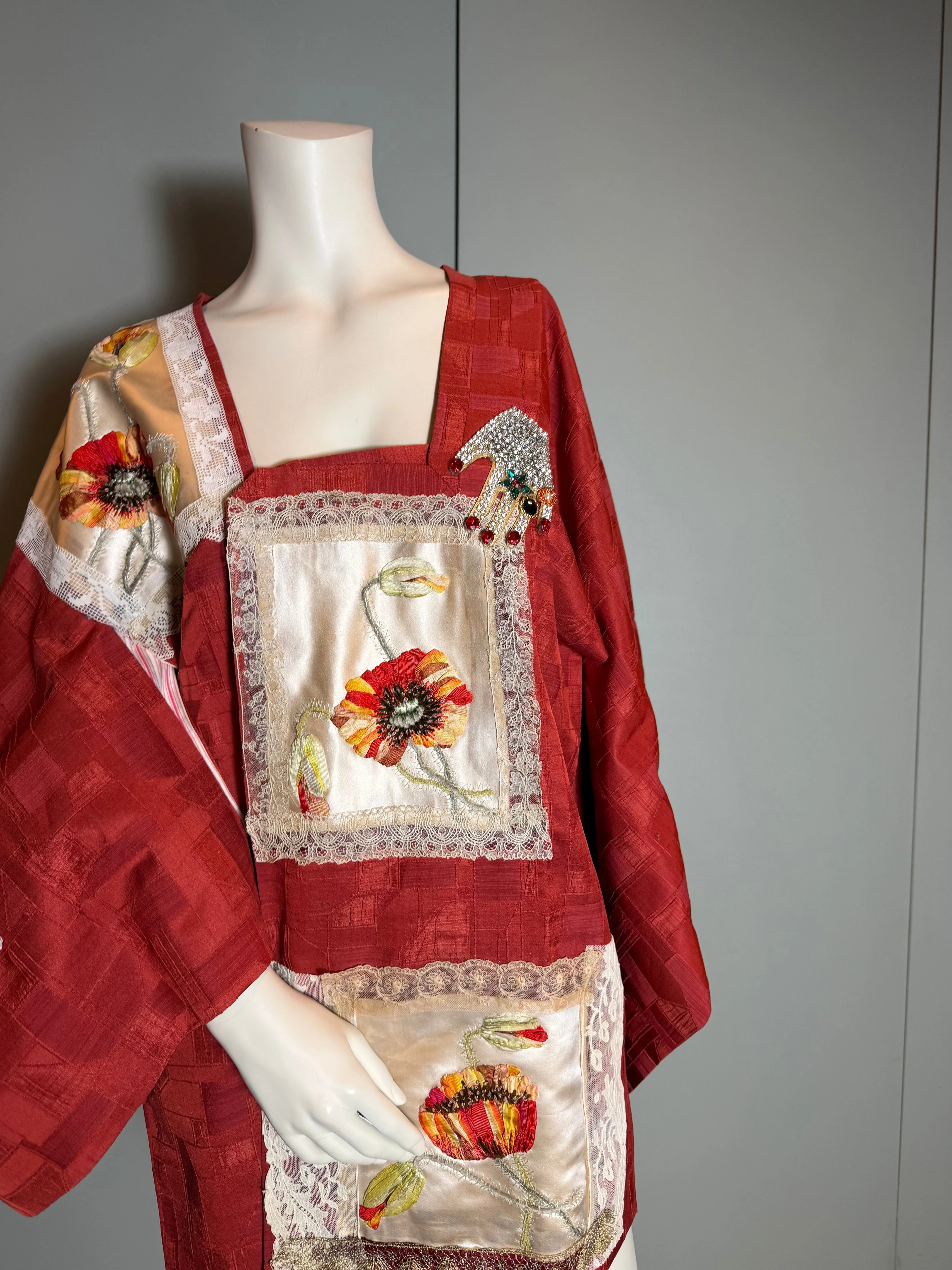 Tales, 40s a Japanese silk damask burnt orange kimono jacket with Victorian floral and lace motifs - Image 30