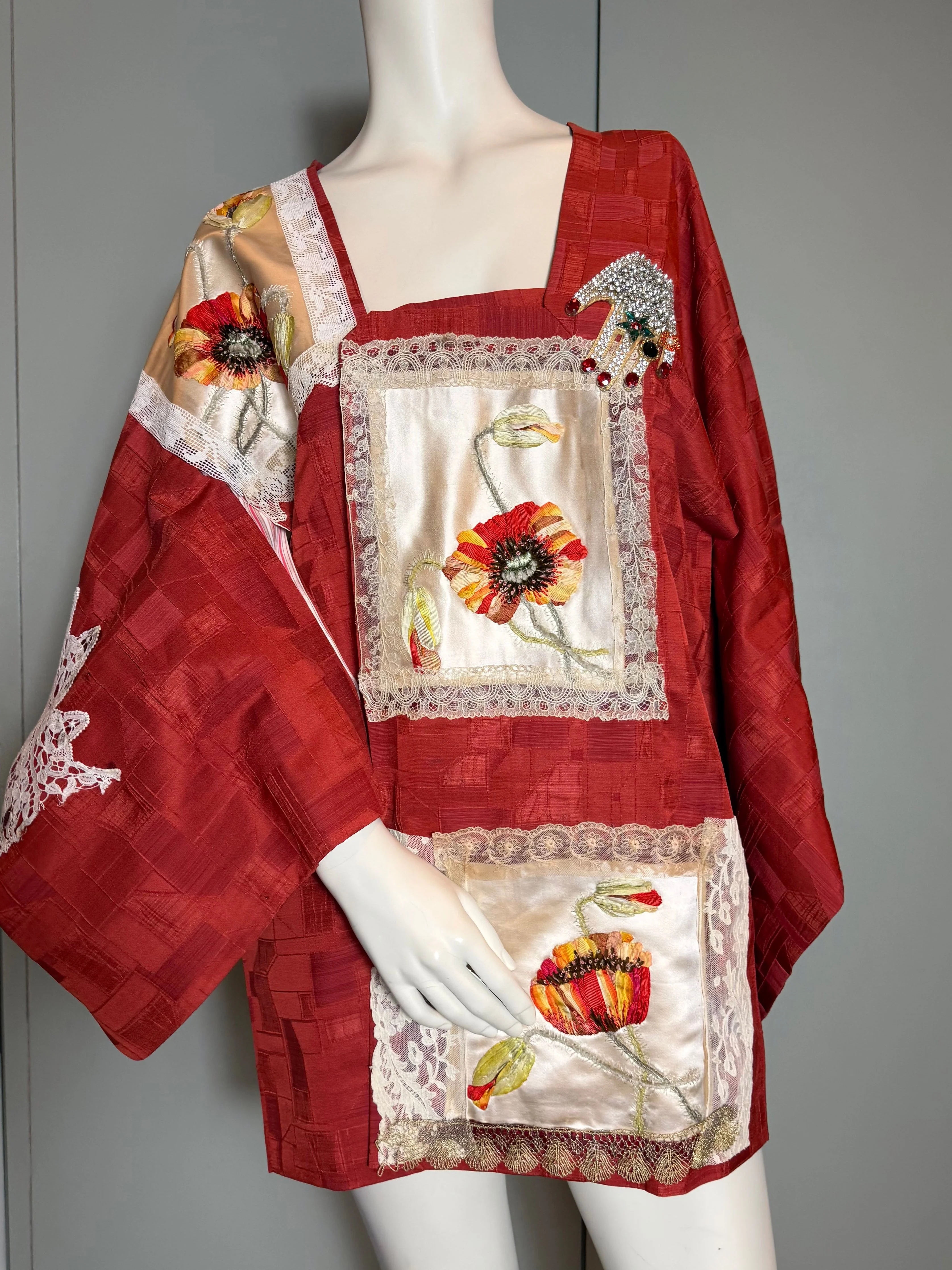 Tales, 40s a Japanese silk damask burnt orange kimono jacket with Victorian floral and lace motifs - Image 32