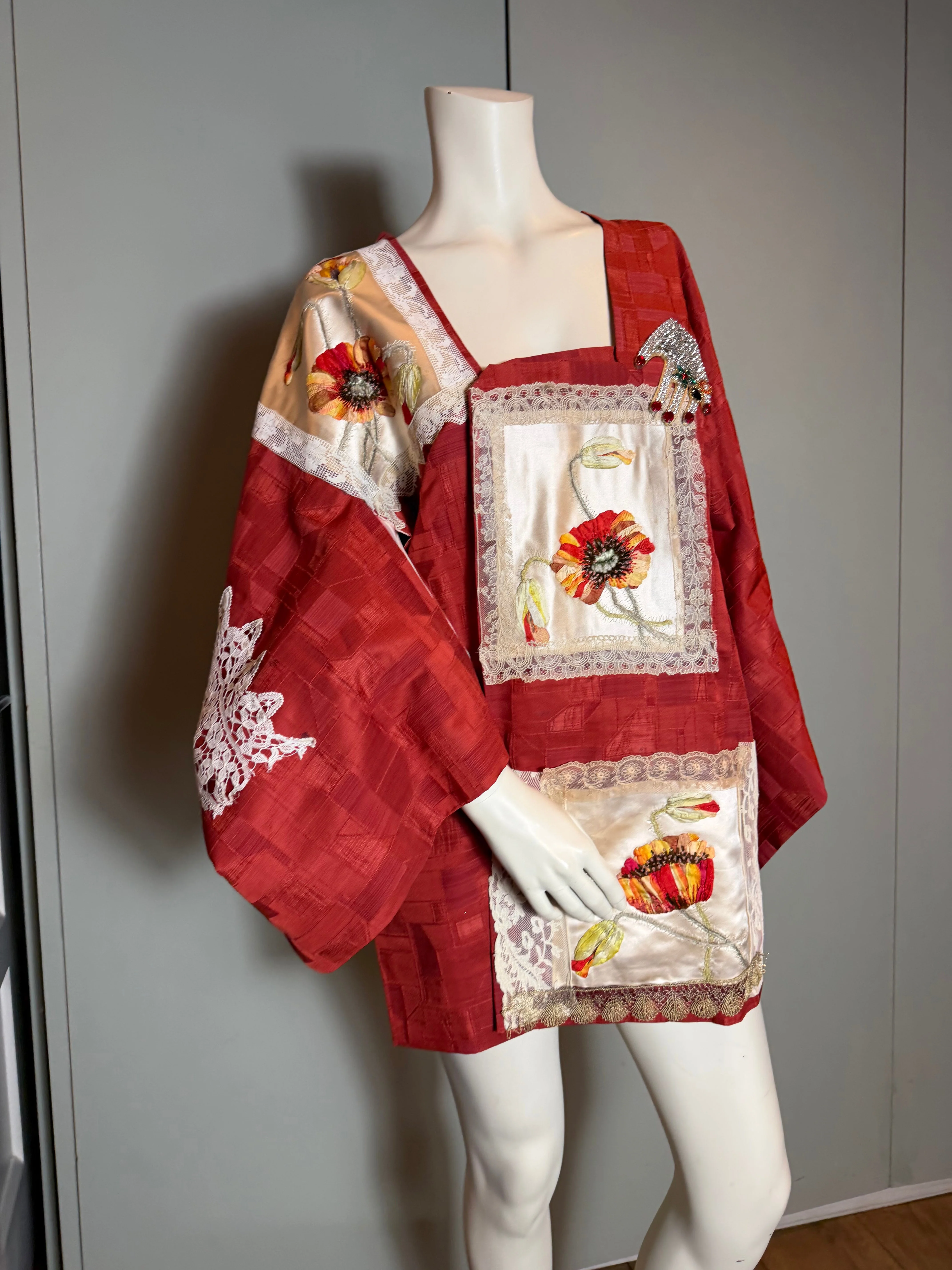 Tales, 40s a Japanese silk damask burnt orange kimono jacket with Victorian floral and lace motifs - Image 34