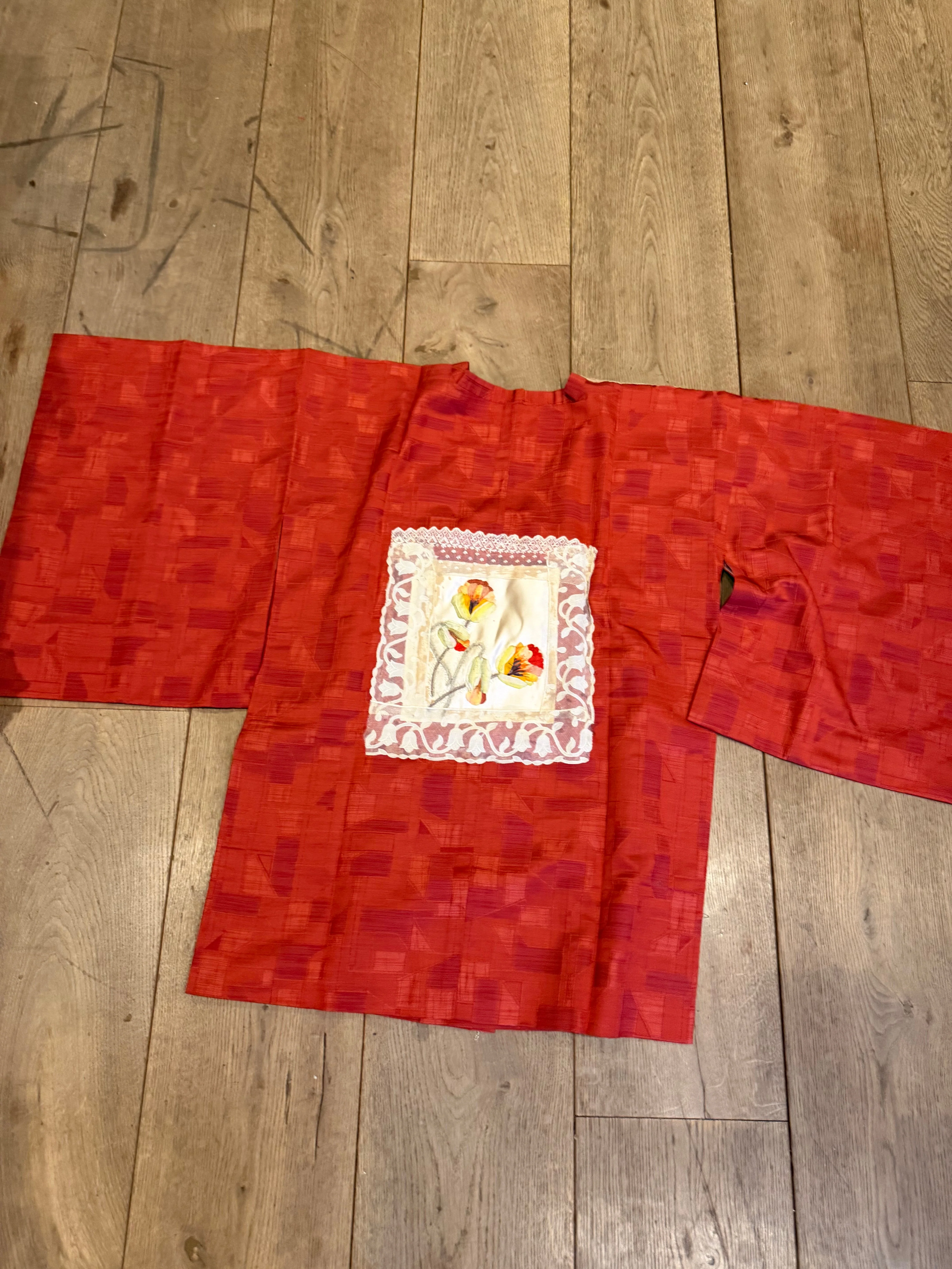 Tales, 40s a Japanese silk damask burnt orange kimono jacket with Victorian floral and lace motifs - Image 35