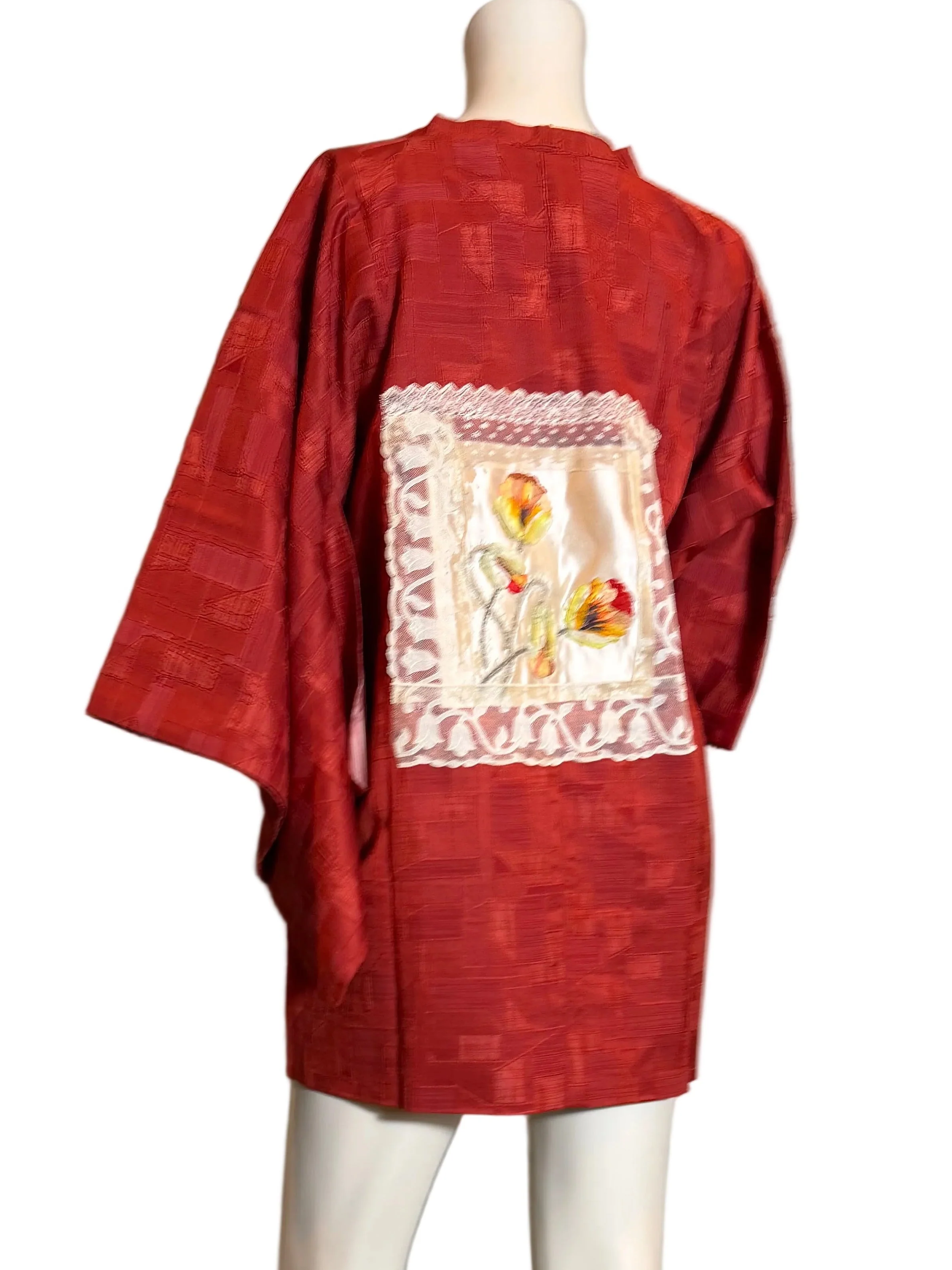 Tales, 40s a Japanese silk damask burnt orange kimono jacket with Victorian floral and lace motifs - Image 4