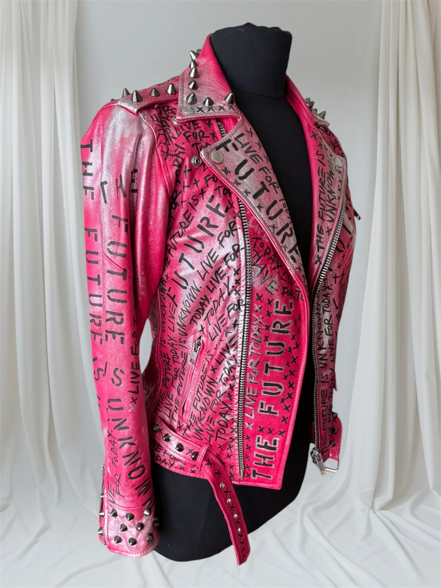 The Future is Unknown/ Live For Today Pink Leather Jacket, Small - Image 11