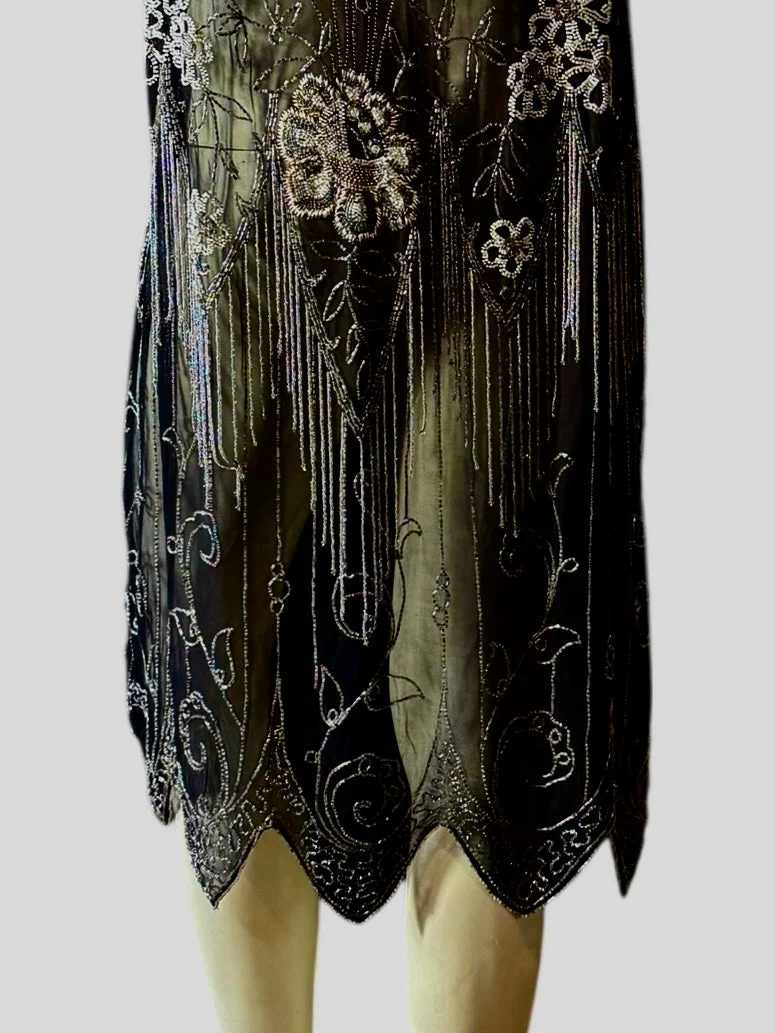 Tory, 20s black silk beaded fringed flapper dress - Image 6