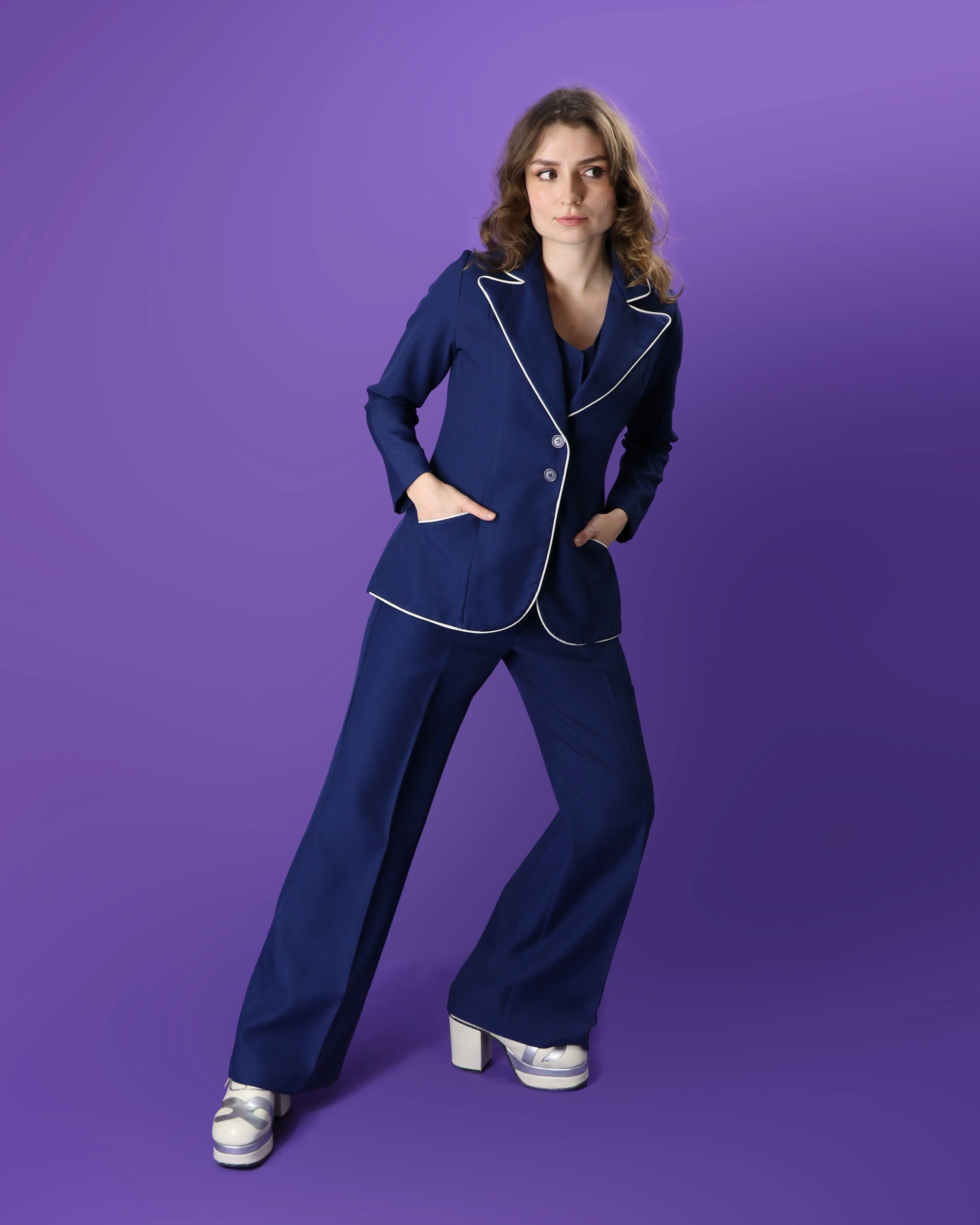 Vintage 1970s 3 Piece Navy Blue Suit with White Trim - Image 110