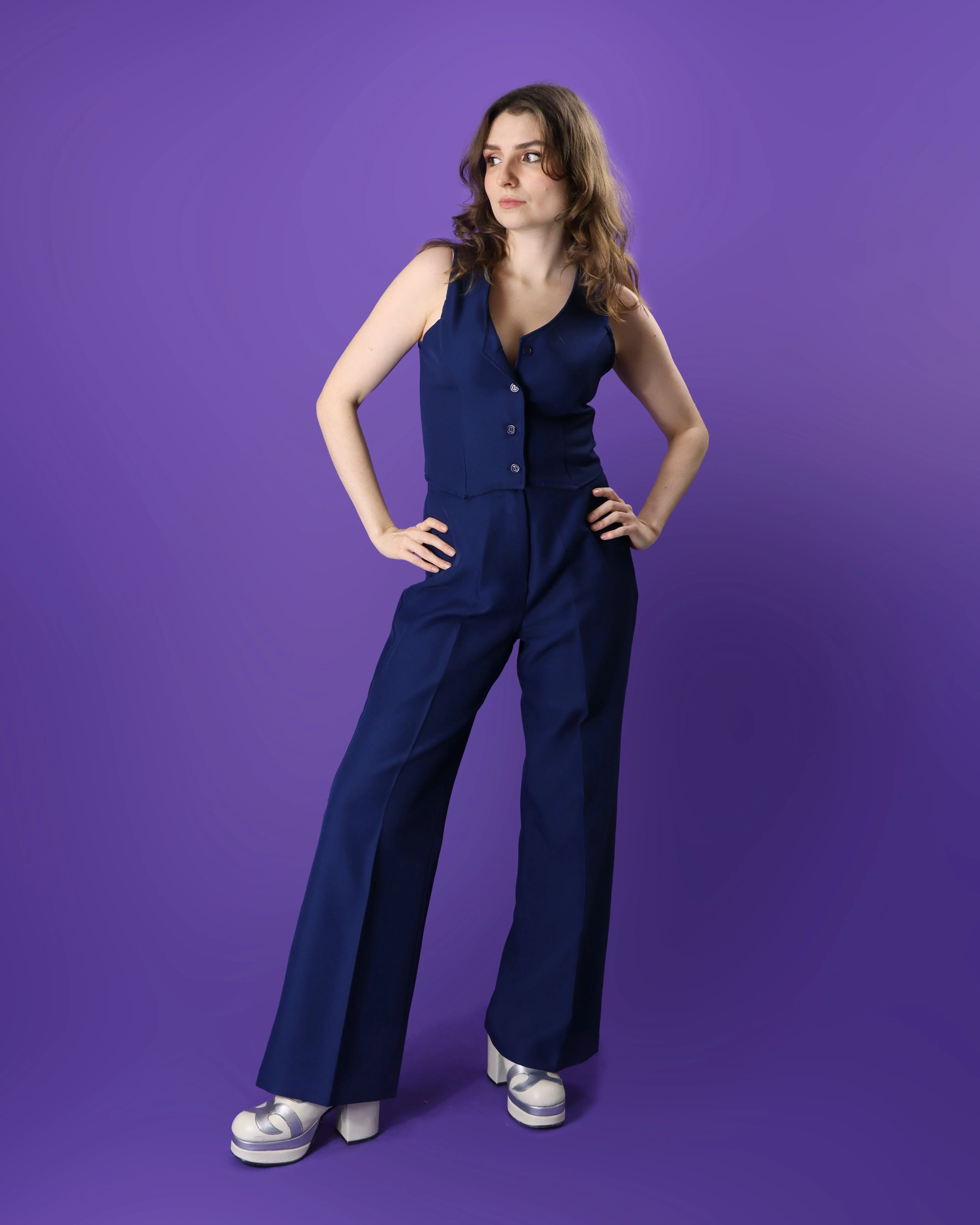 Vintage 1970s 3 Piece Navy Blue Suit with White Trim - Image 119