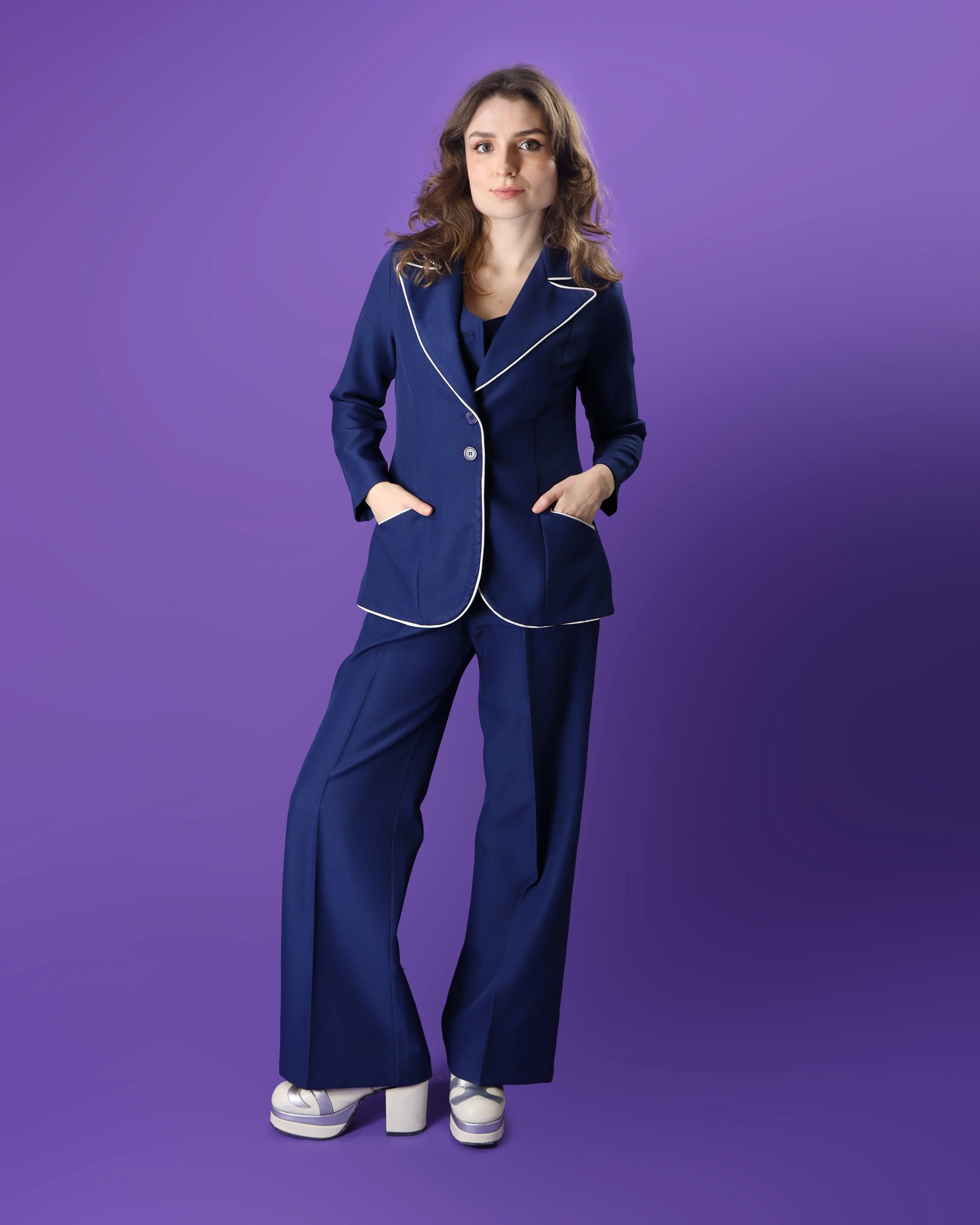 Vintage 1970s 3 Piece Navy Blue Suit with White Trim - Image 193