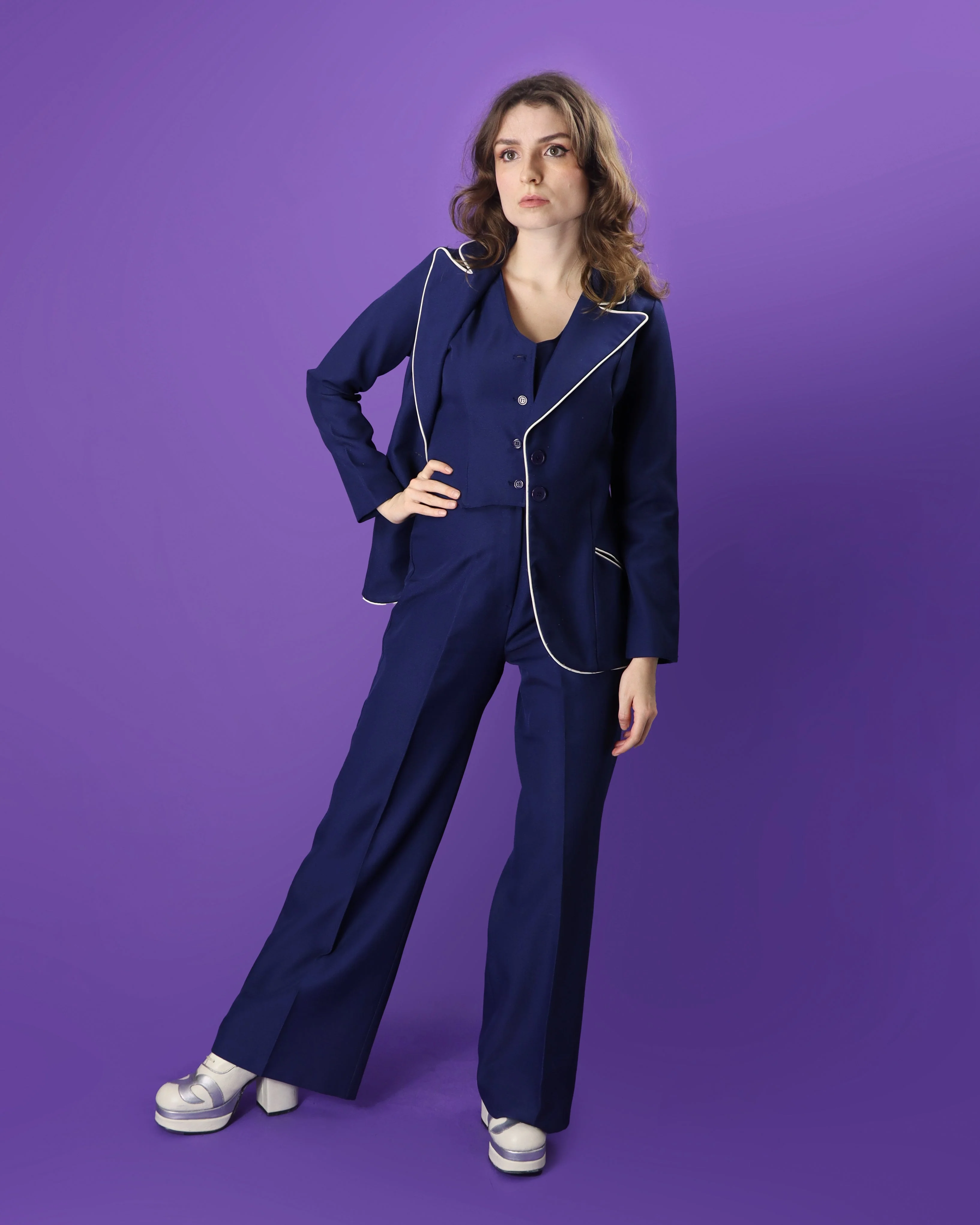 Vintage 1970s 3 Piece Navy Blue Suit with White Trim - Image 93