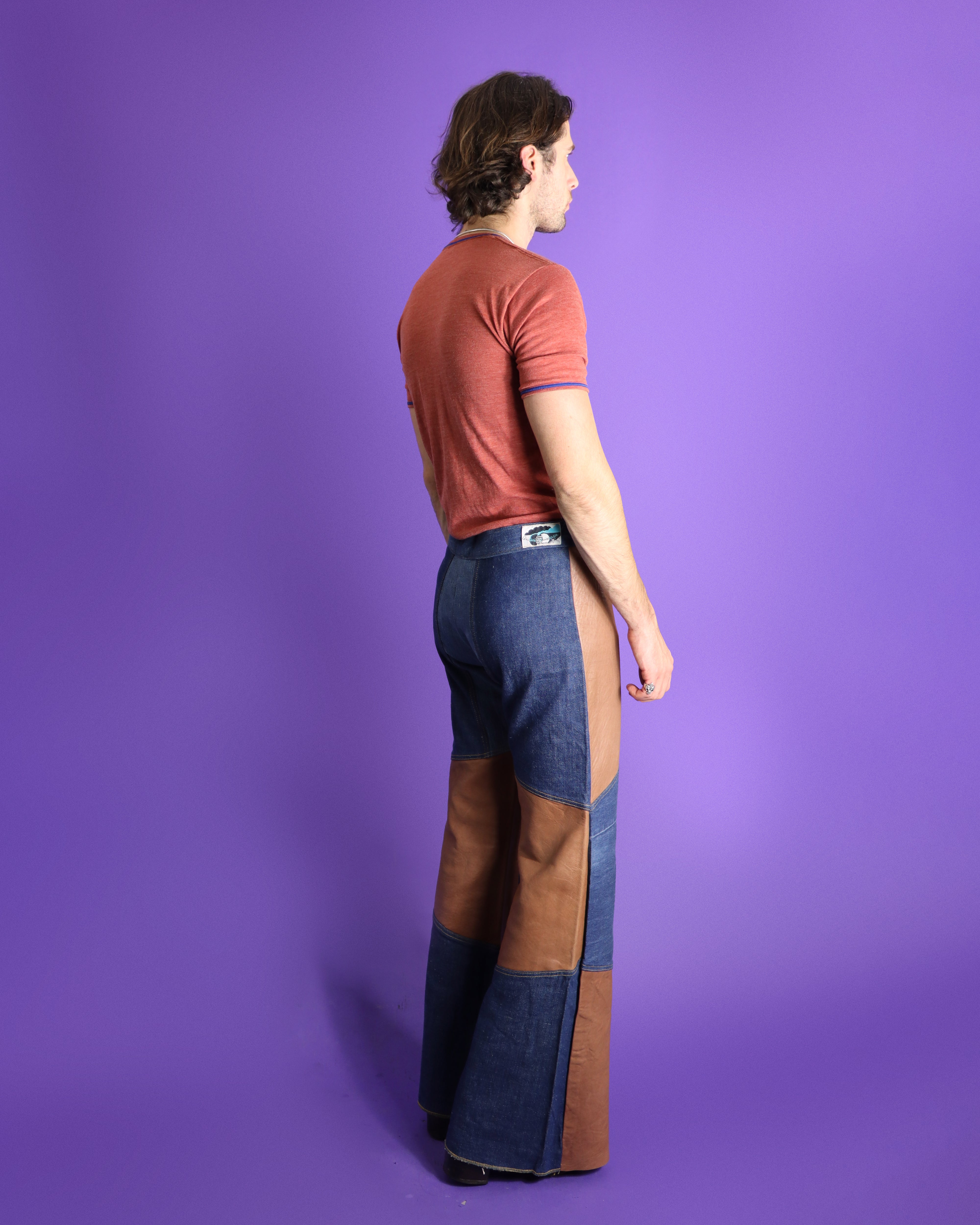 Vintage 1970s Antonio Guiseppe Haute Chocolate Leather Patchwork Denim Flares - Image 167