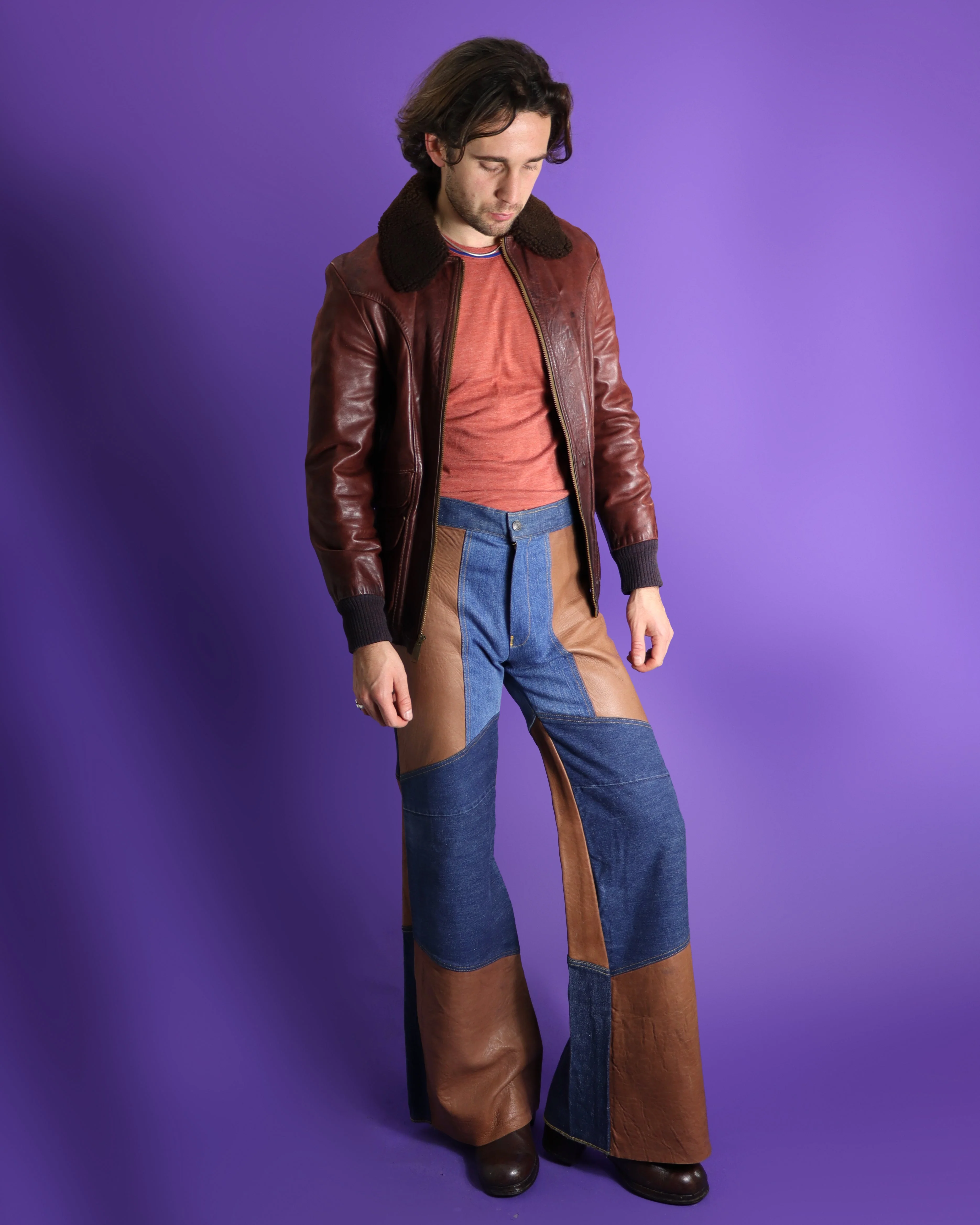 Vintage 1970s Antonio Guiseppe Haute Chocolate Leather Patchwork Denim Flares - Image 36