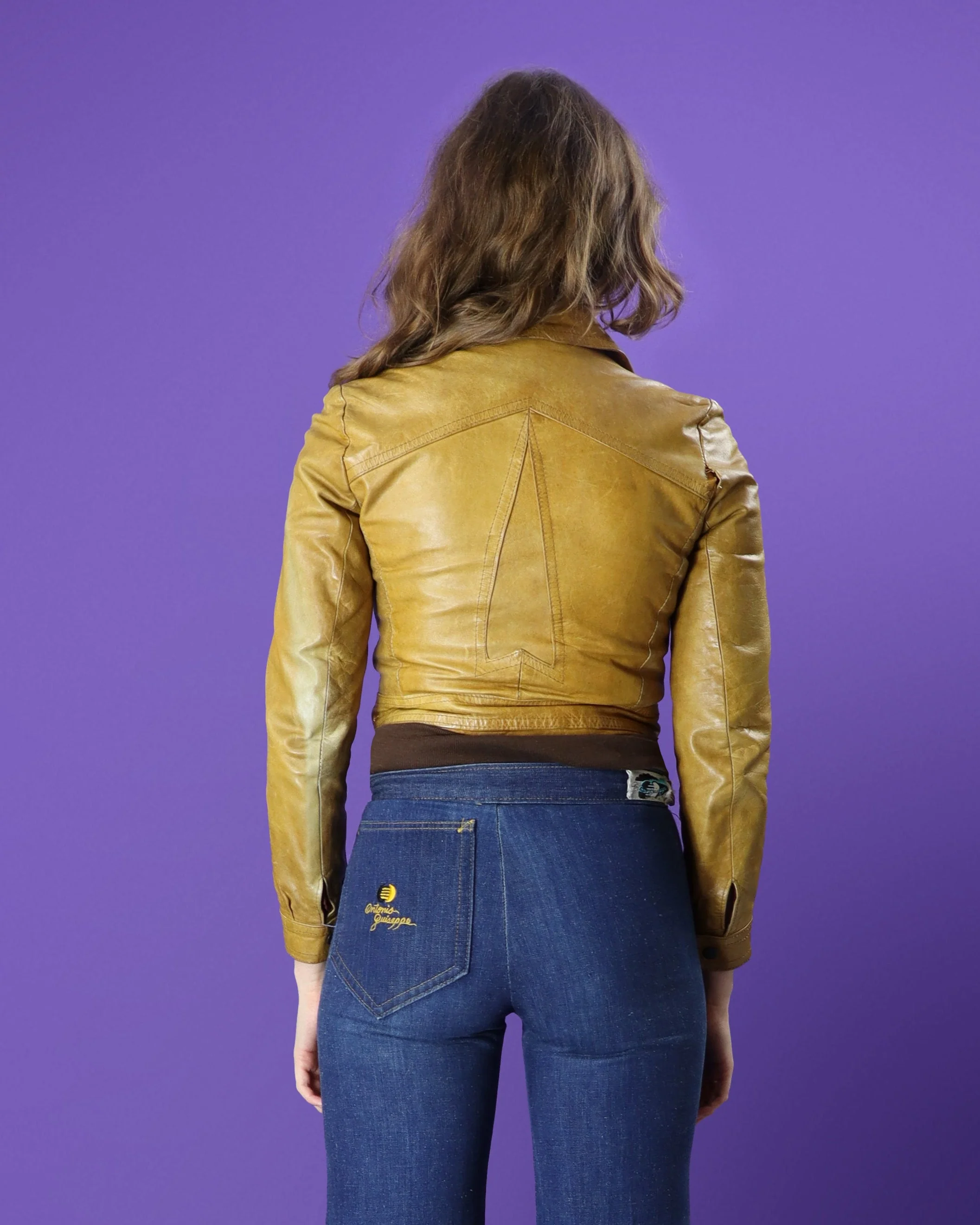 Vintage 1970s Chevron Tan Leather Bomber Jacket - Image 48