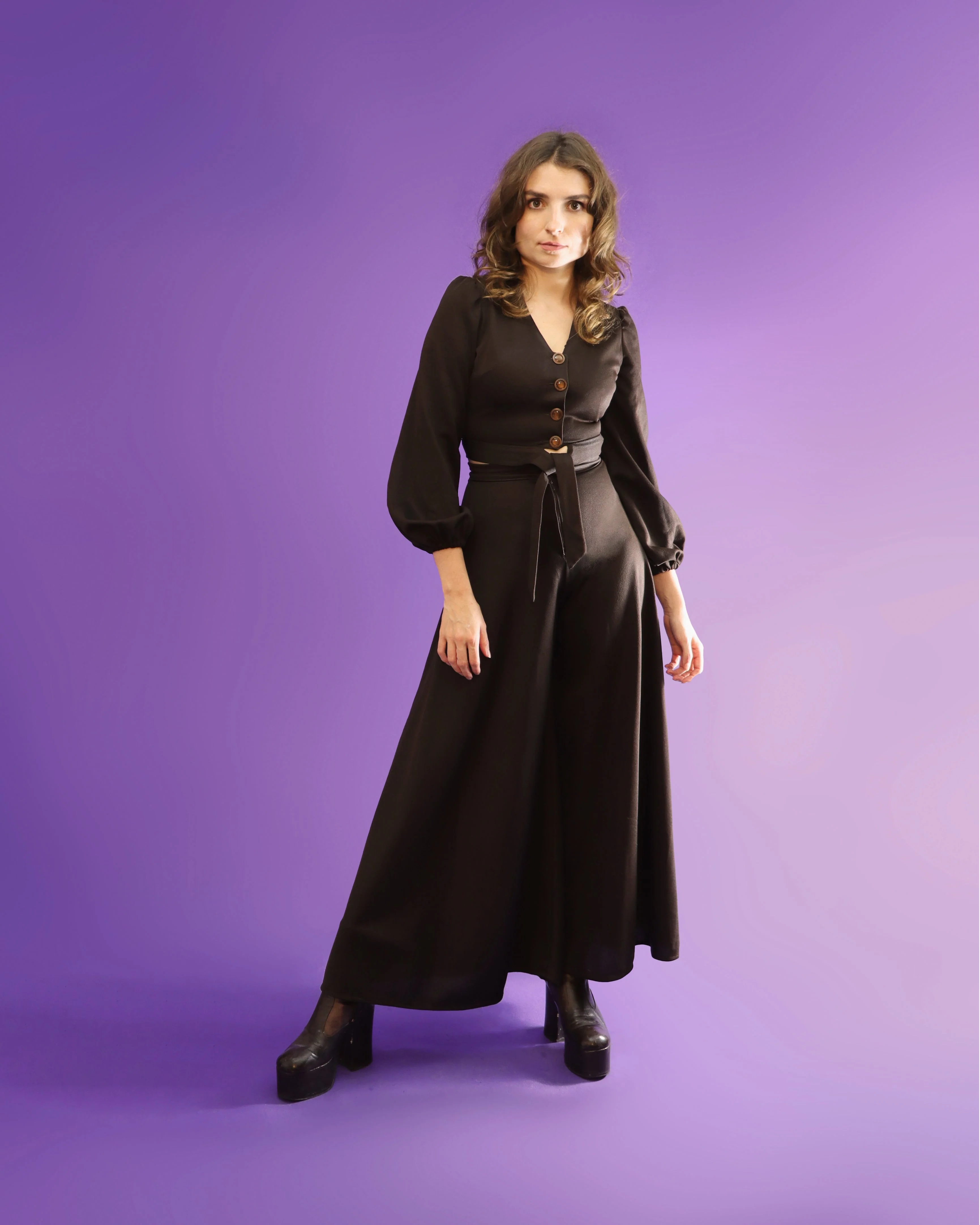 Vintage 1970s Chocolate Brown Palazzo Pant Suit Wide Leg Flares Balloon Sleeve - Image 134