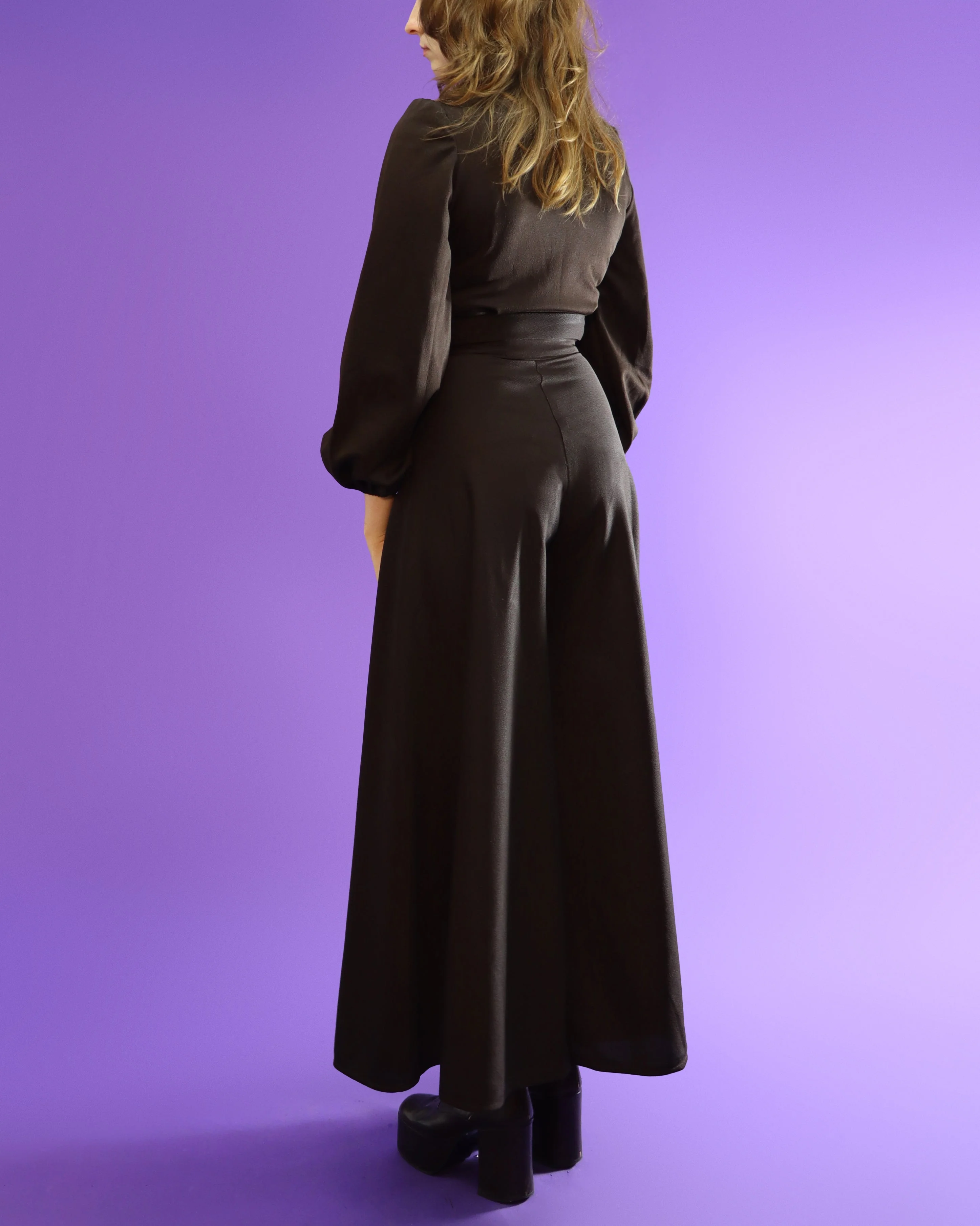 Vintage 1970s Chocolate Brown Palazzo Pant Suit Wide Leg Flares Balloon Sleeve - Image 229