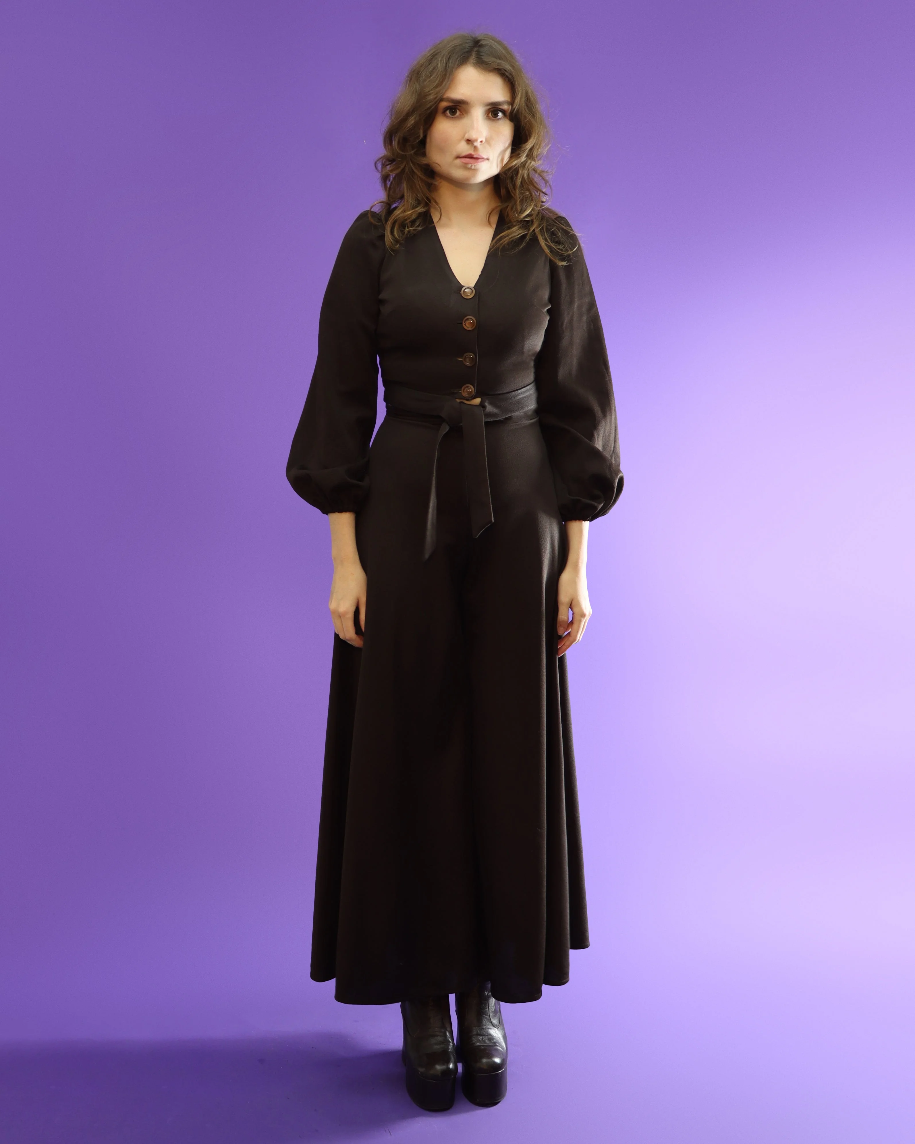 Vintage 1970s Chocolate Brown Palazzo Pant Suit Wide Leg Flares Balloon Sleeve - Image 7