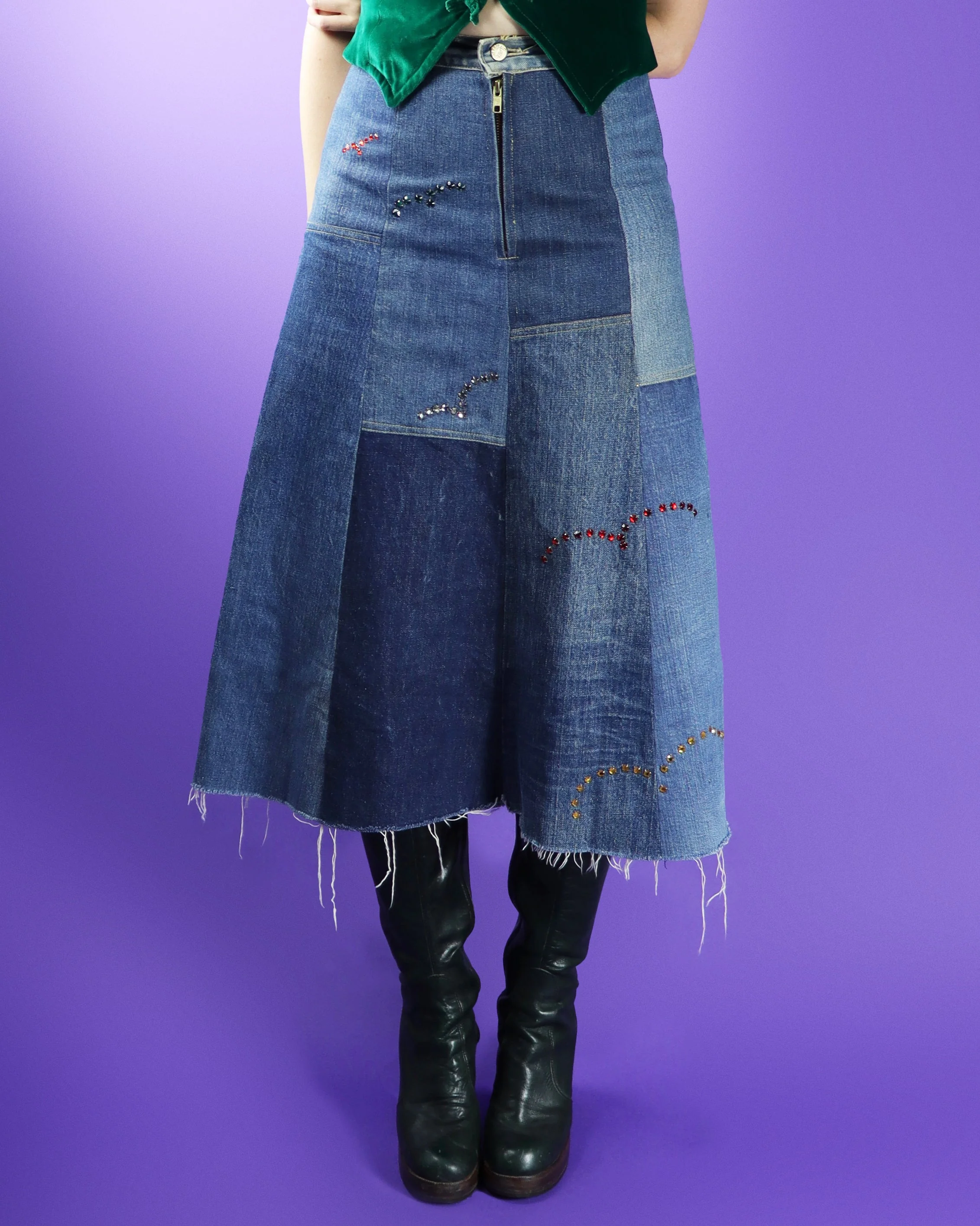 Vintage 1970s Denim Patchwork Skirt with Rhinestones - Image 31