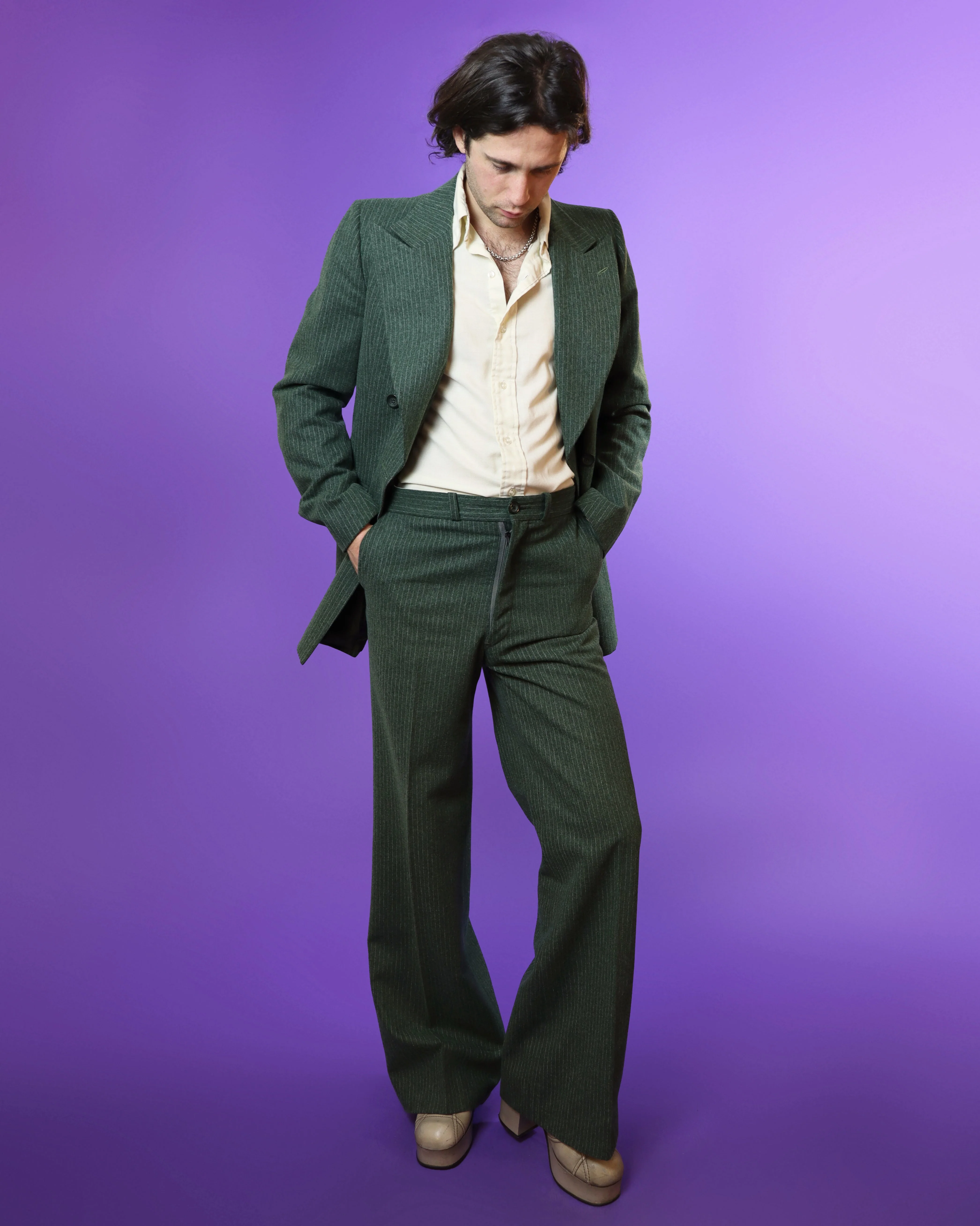 Vintage 1970s Sage Green Woollen Tailored Pinstripe Suit - Image 205