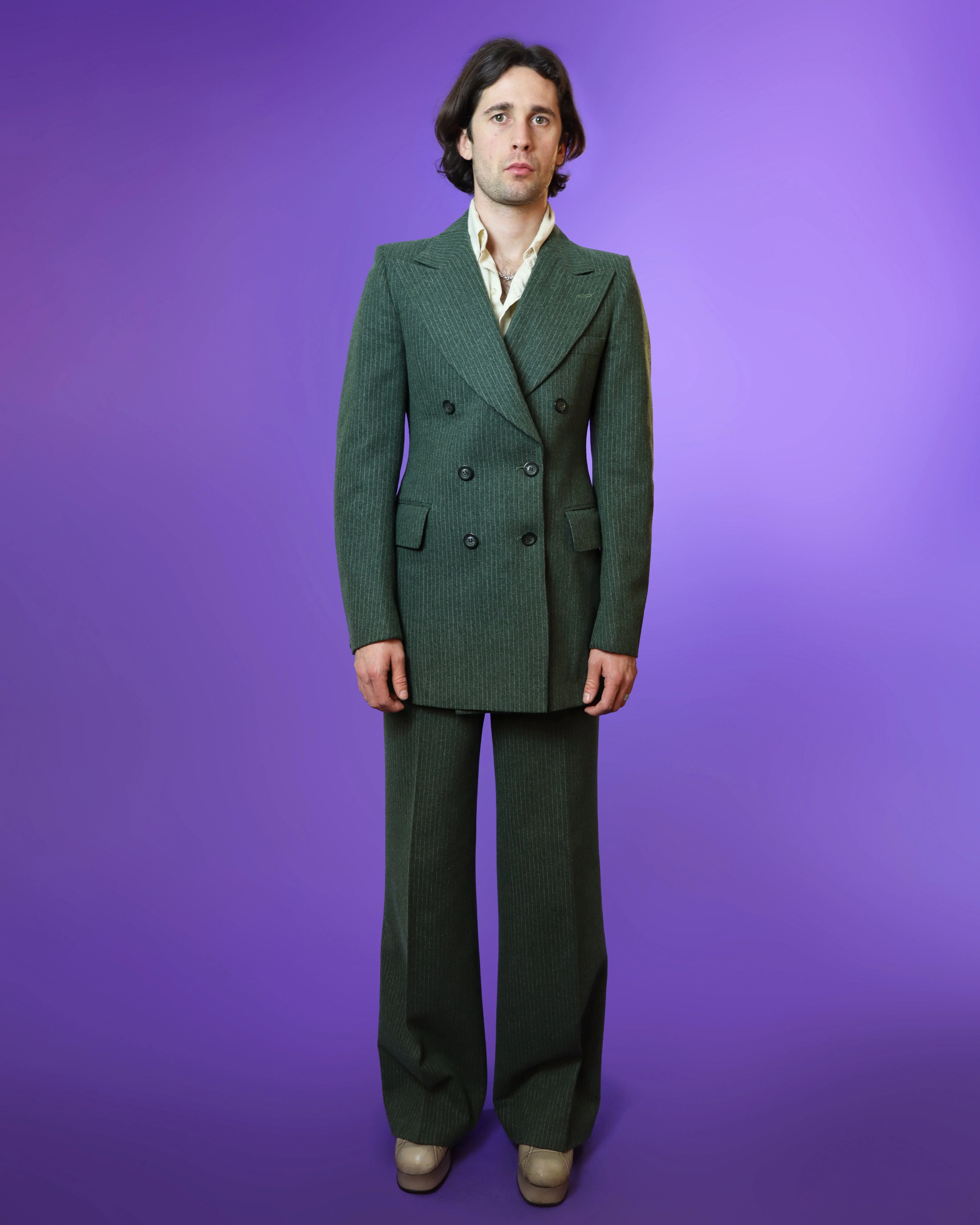 Vintage 1970s Sage Green Woollen Tailored Pinstripe Suit - Image 29