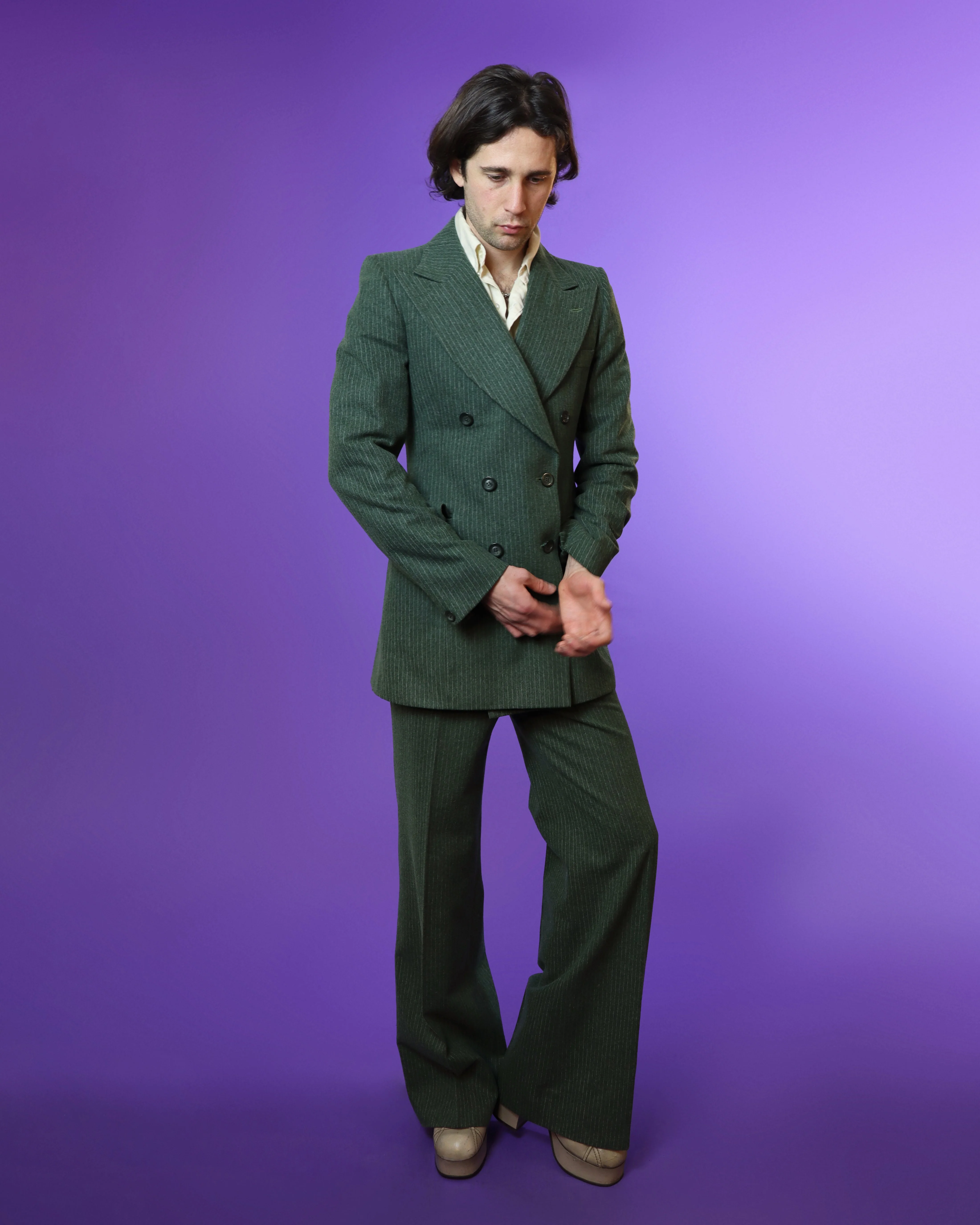 Vintage 1970s Sage Green Woollen Tailored Pinstripe Suit - Image 81
