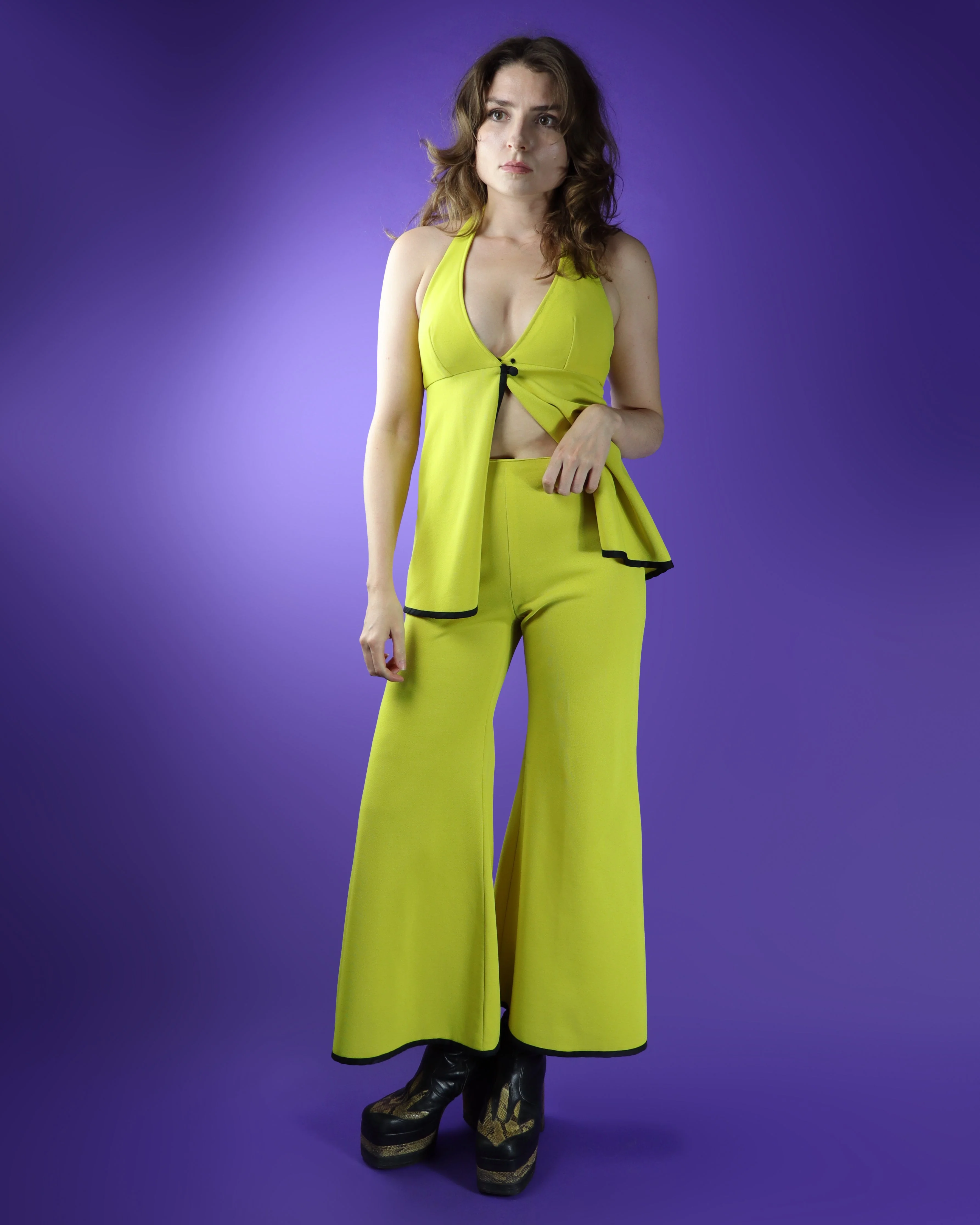 Vintage 1970s Yellow Trouser Suit With Palazzo Flares and Halterneck Top - Image 124