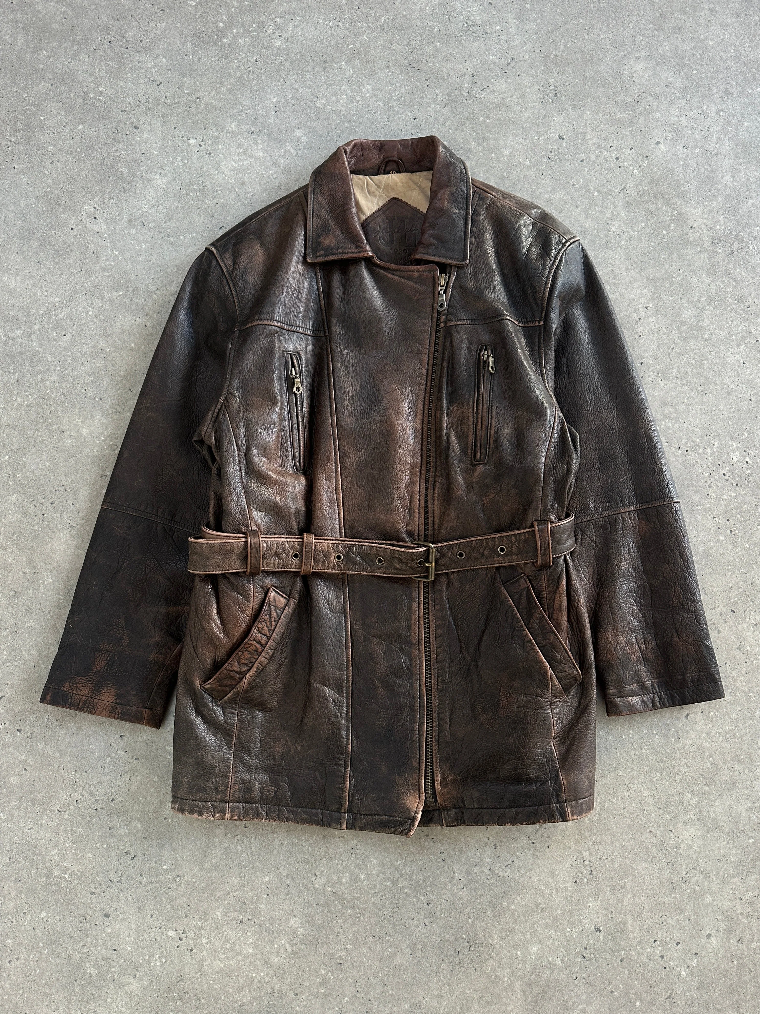Vintage 1980s Aged Belted Leather Jacket - L - Image 5
