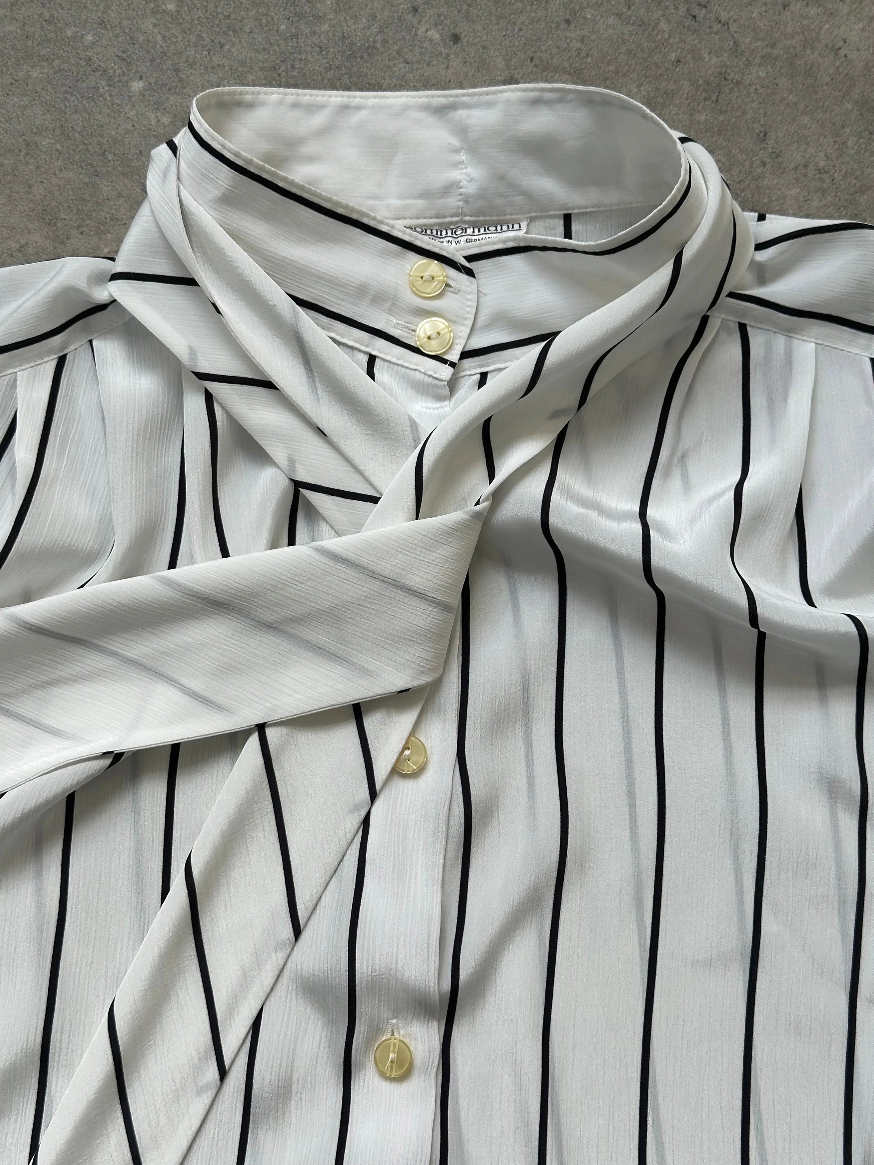 Vintage 1980s Sheer Stripe Tie Neck Shirt - M - Image 6