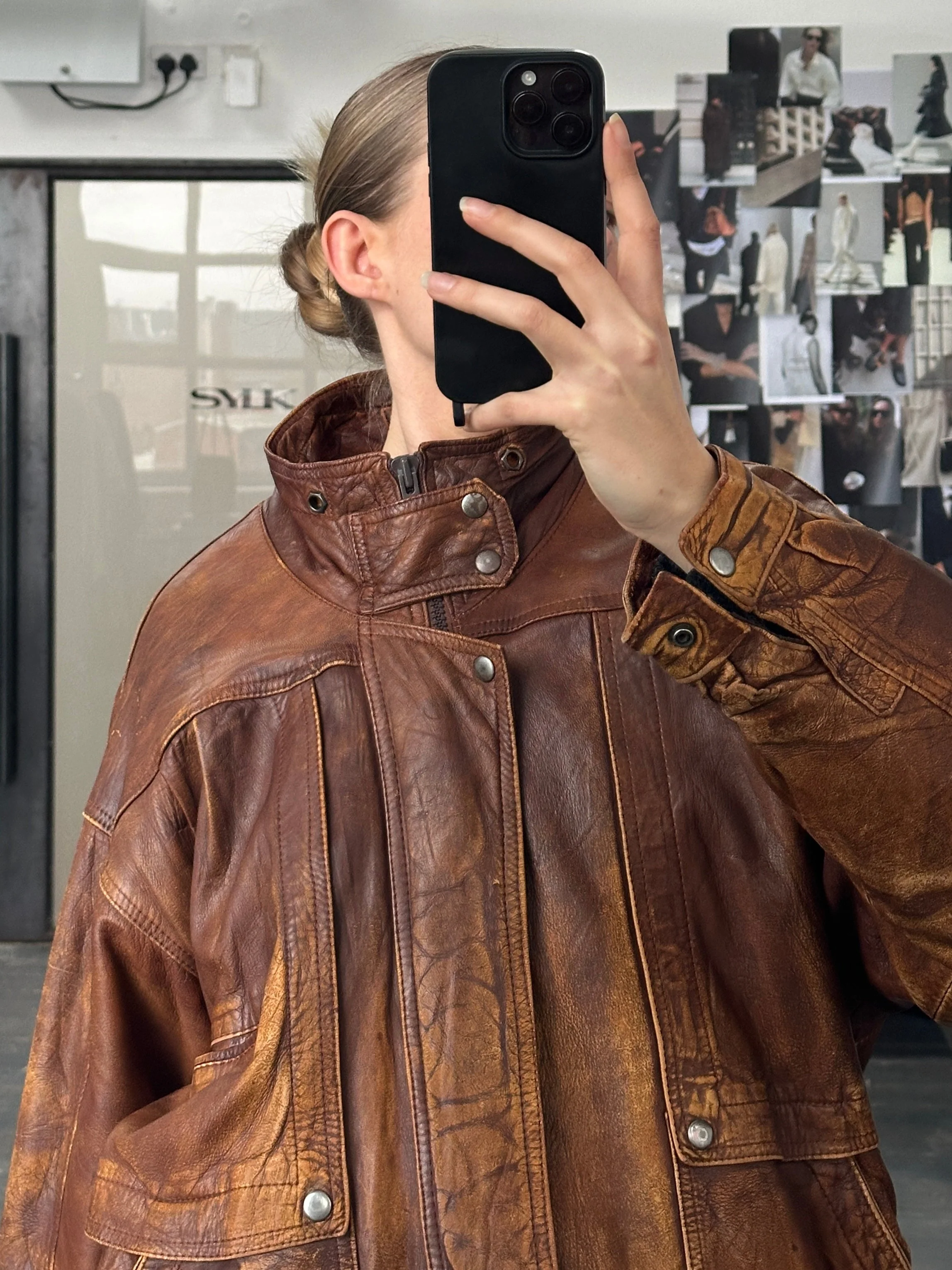 Vintage 1990s Aged Leather Bomber Jacket - XL - Image 2
