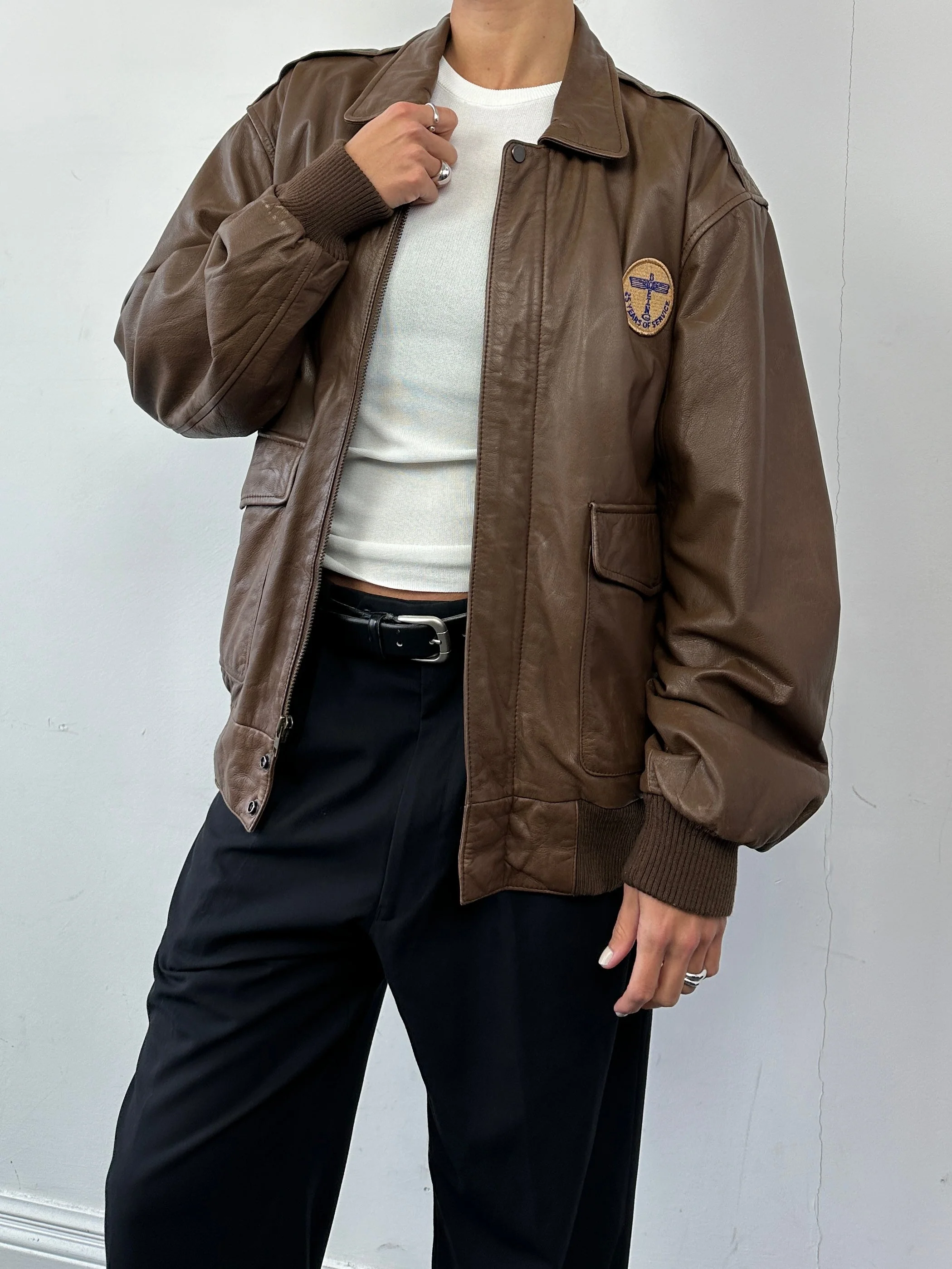 Vintage Embroidery Aviator Leather Bomber Jacket - M/L - Image 6