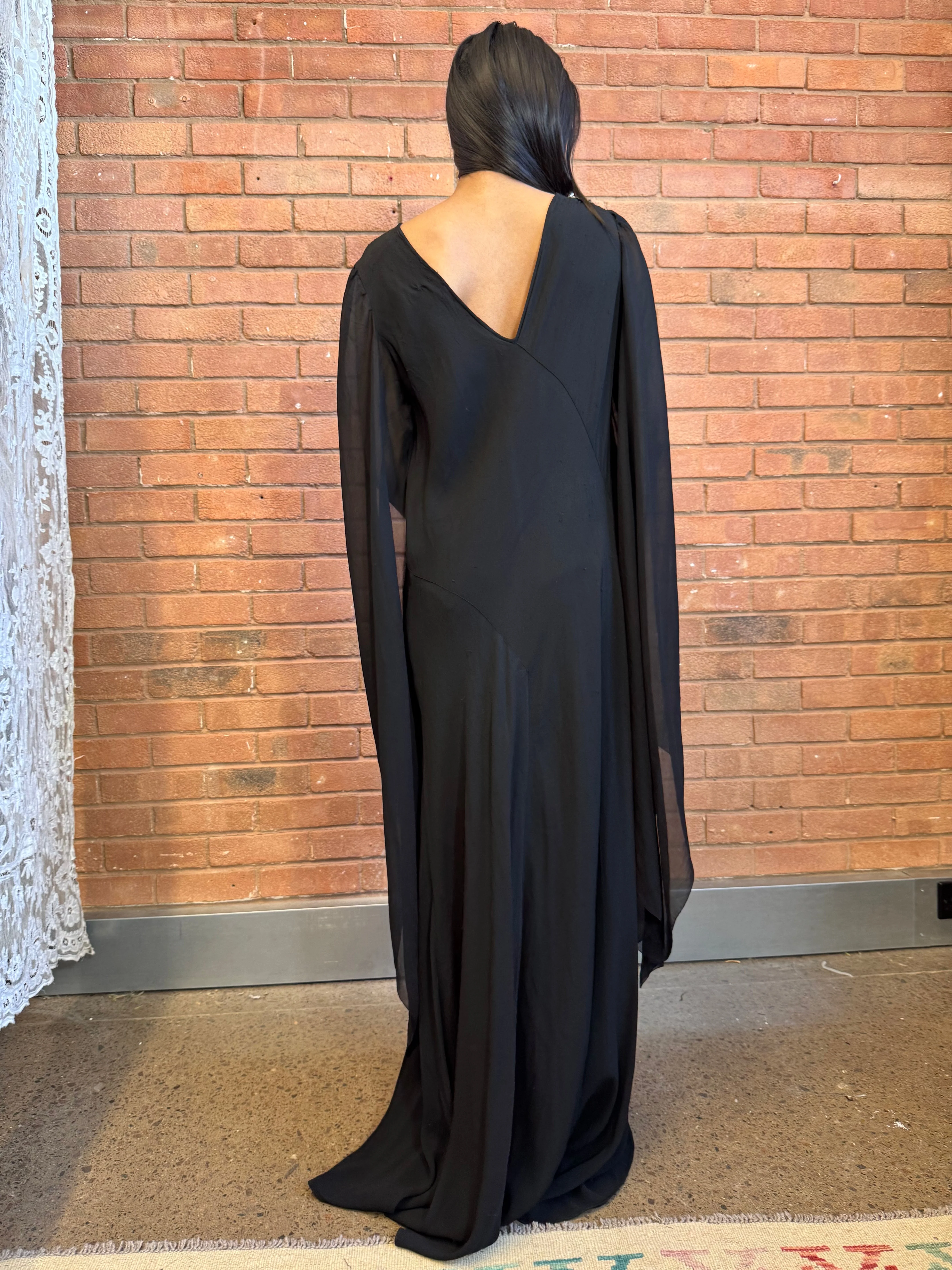 Virna, 30s black bias cut dress with angel sleeves and rhinestone detail - Image 11