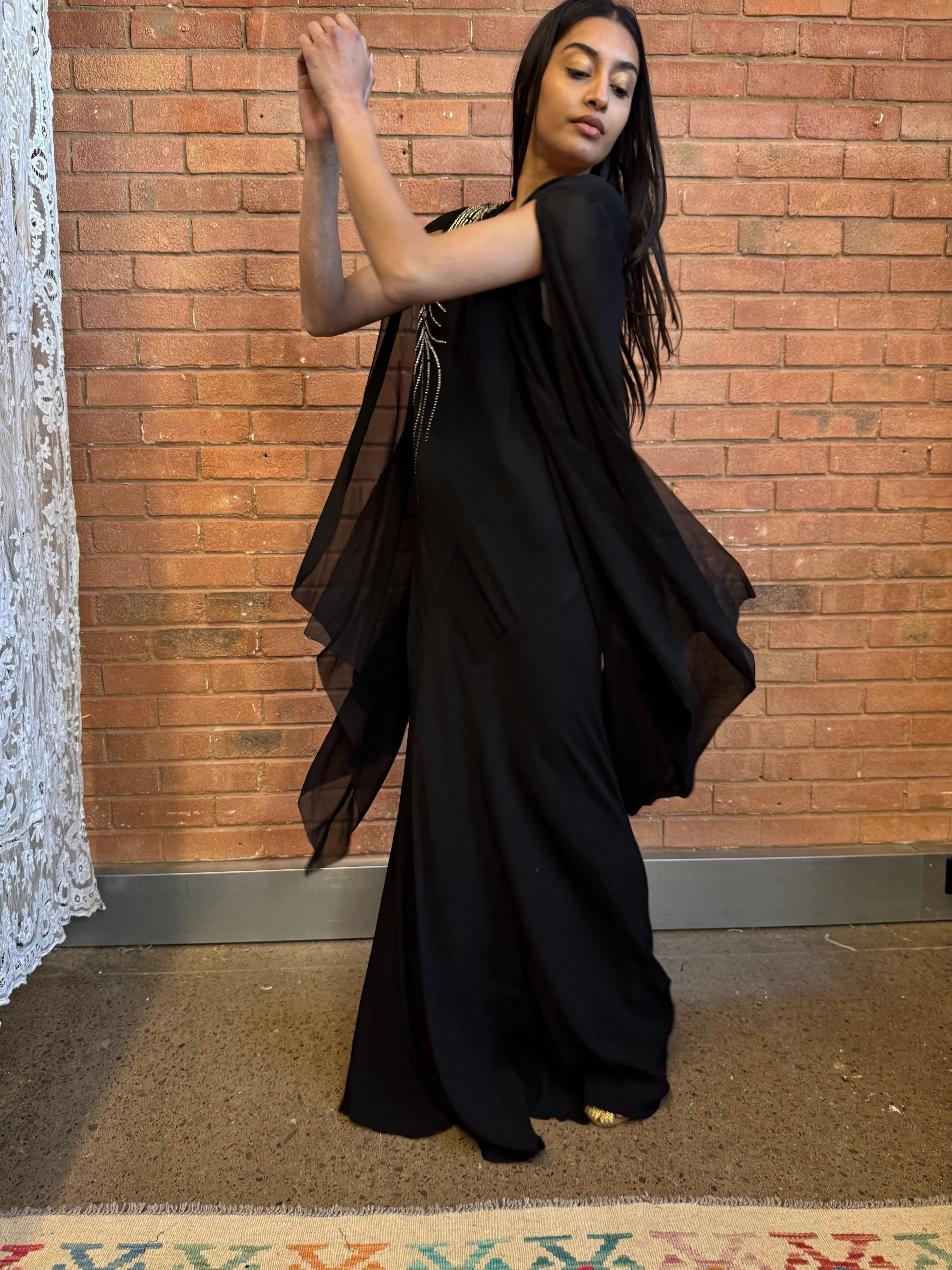 Virna, 30s black bias cut dress with angel sleeves and rhinestone detail - Image 6