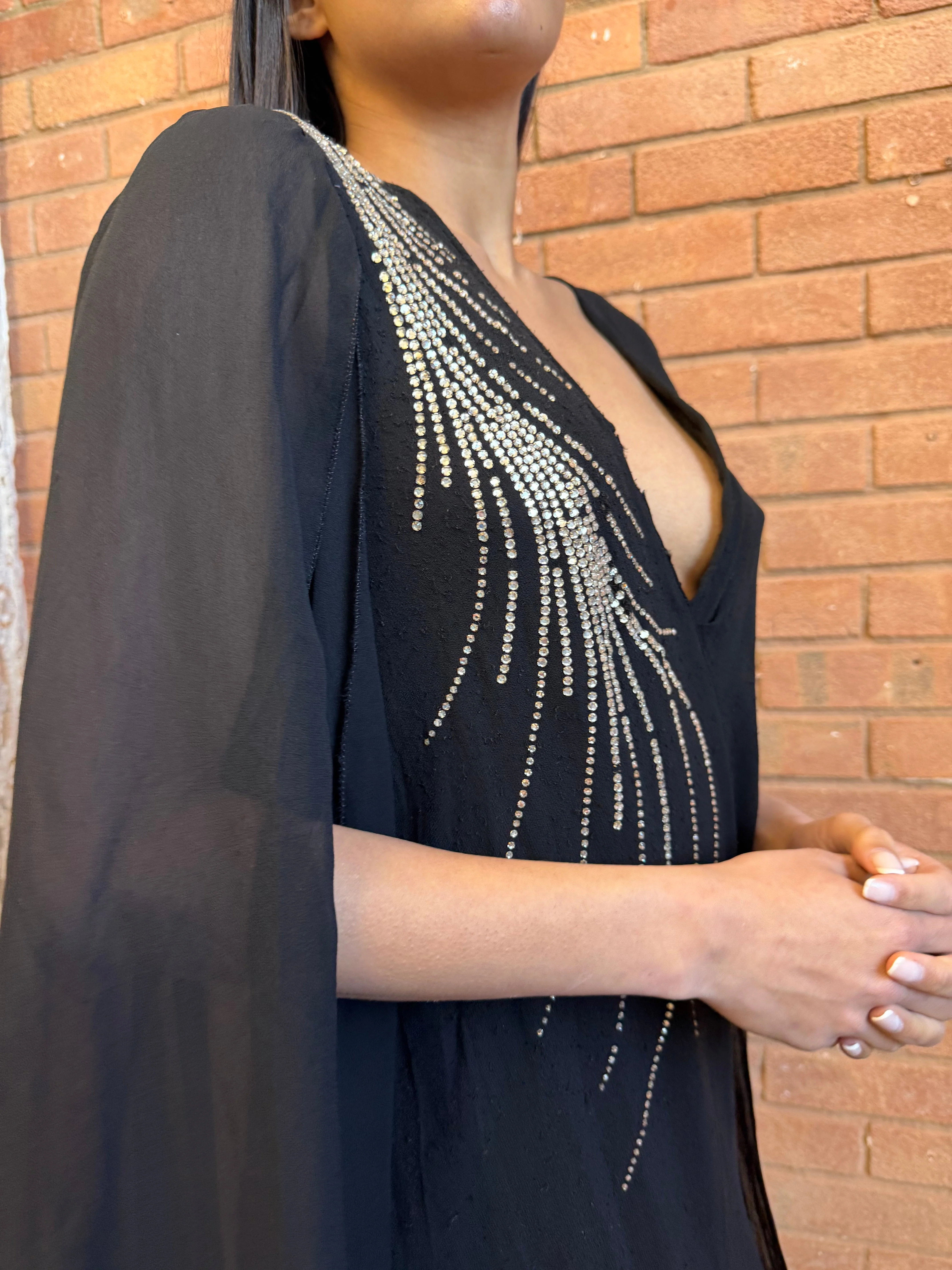 Virna, 30s black bias cut dress with angel sleeves and rhinestone detail - Image 8