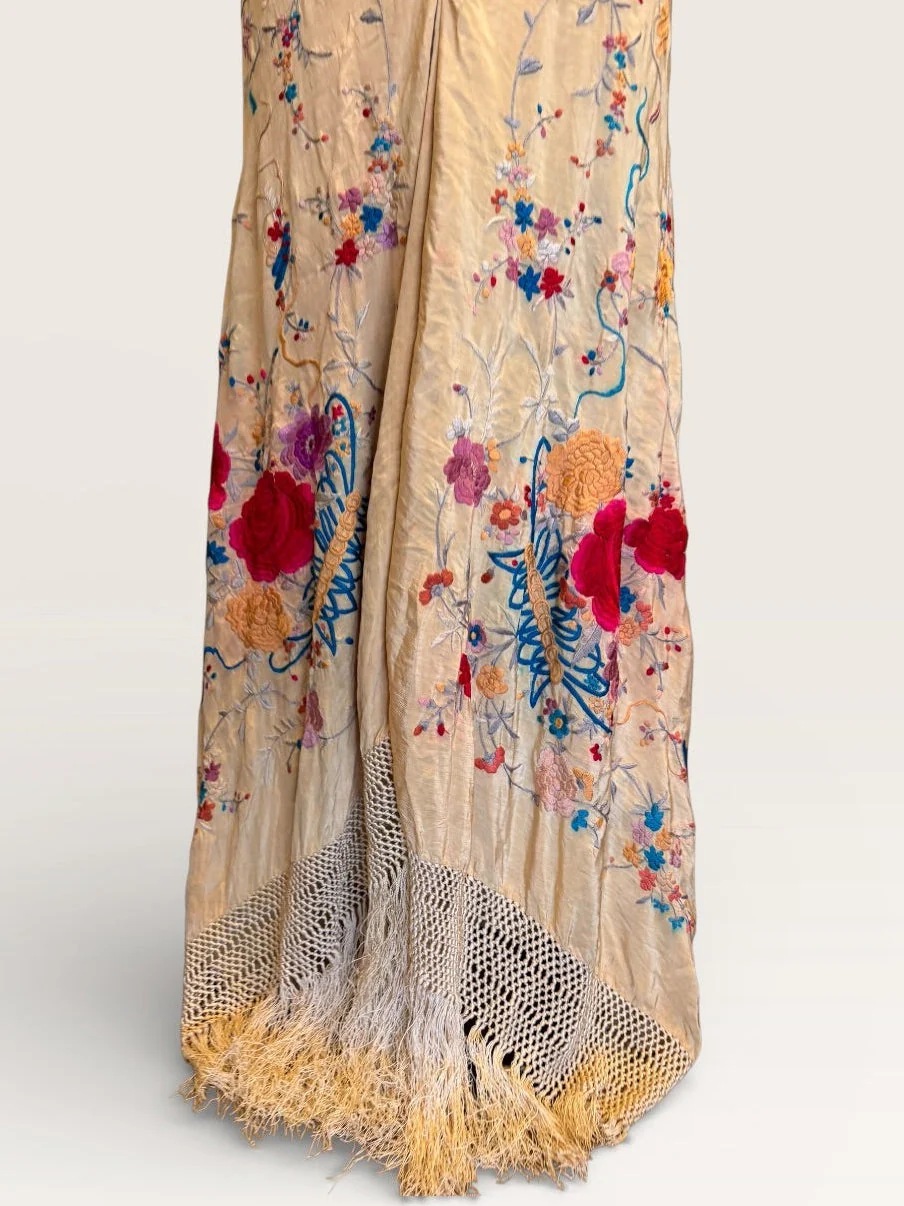 Yosra, reworked 40s cream silk embroidered piano shawl bias cut dress - Image 7